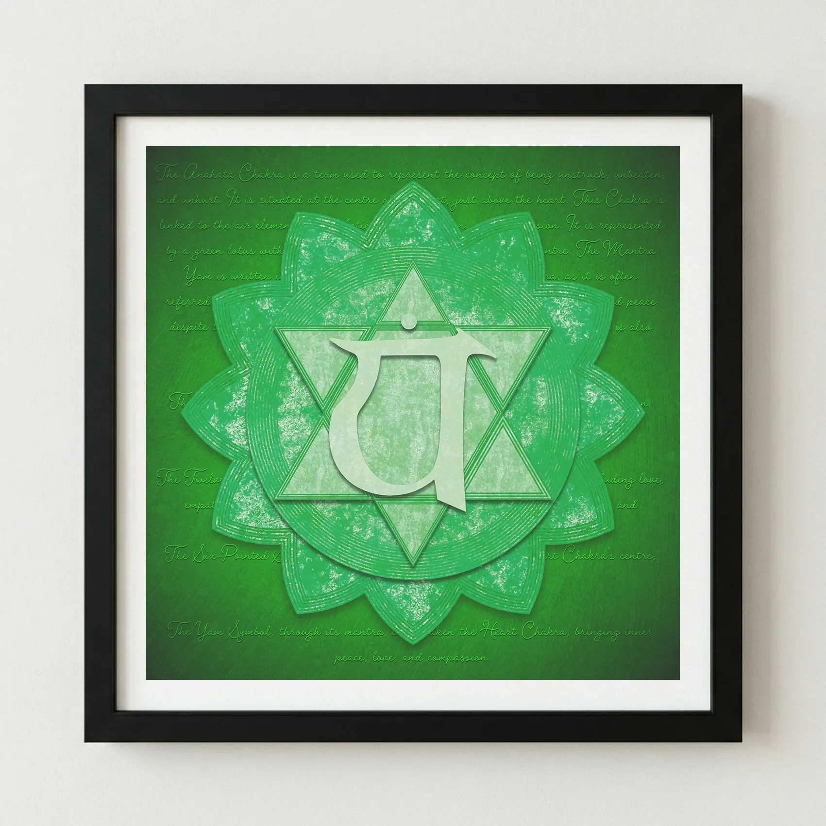 Heart Chakra fine art print in a sleek black wooden frame, providing a bold and modern contrast.