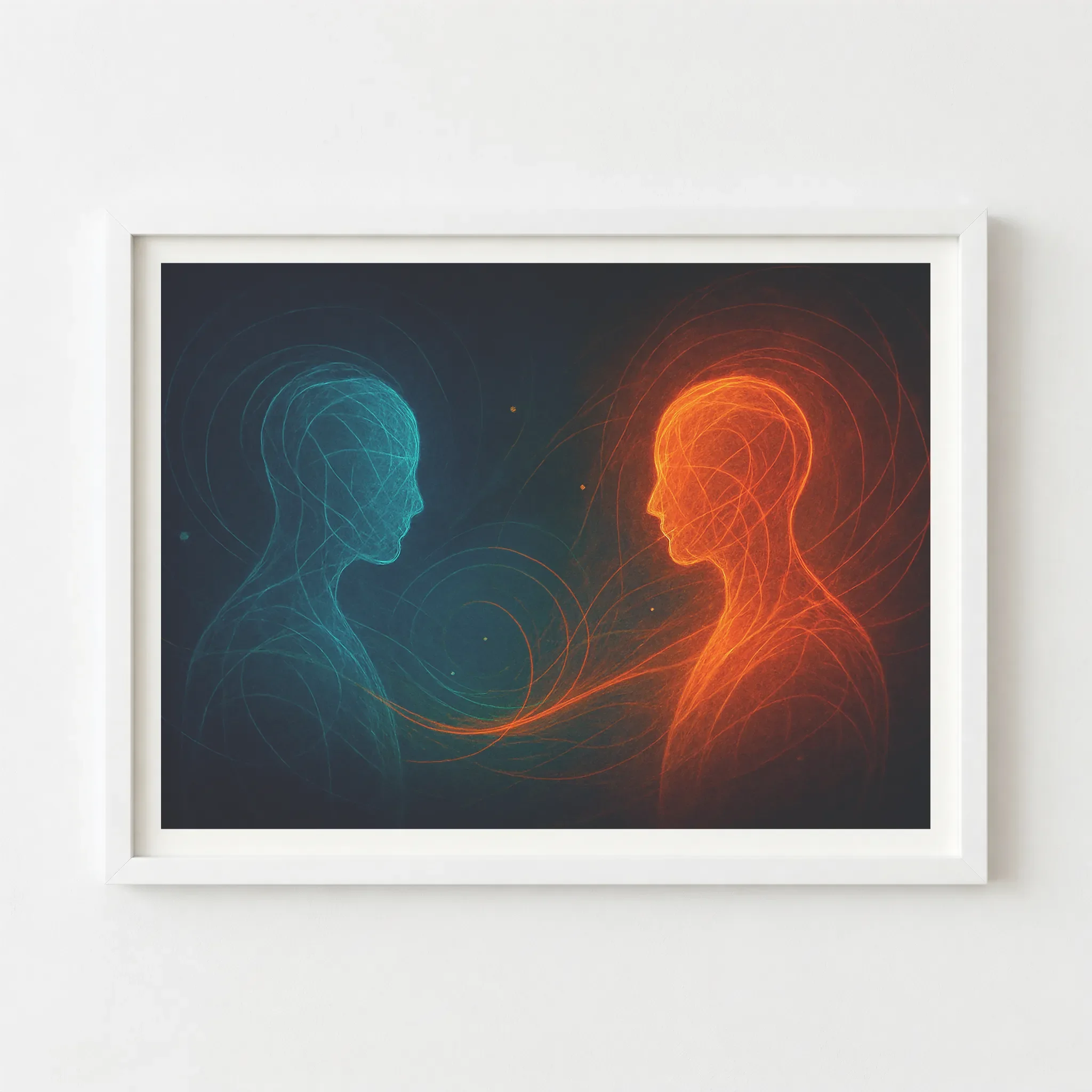 Abstract duality print in a white frame, creating a modern, high-contrast border that highlights the bright, luminous energy of the internal "selves."