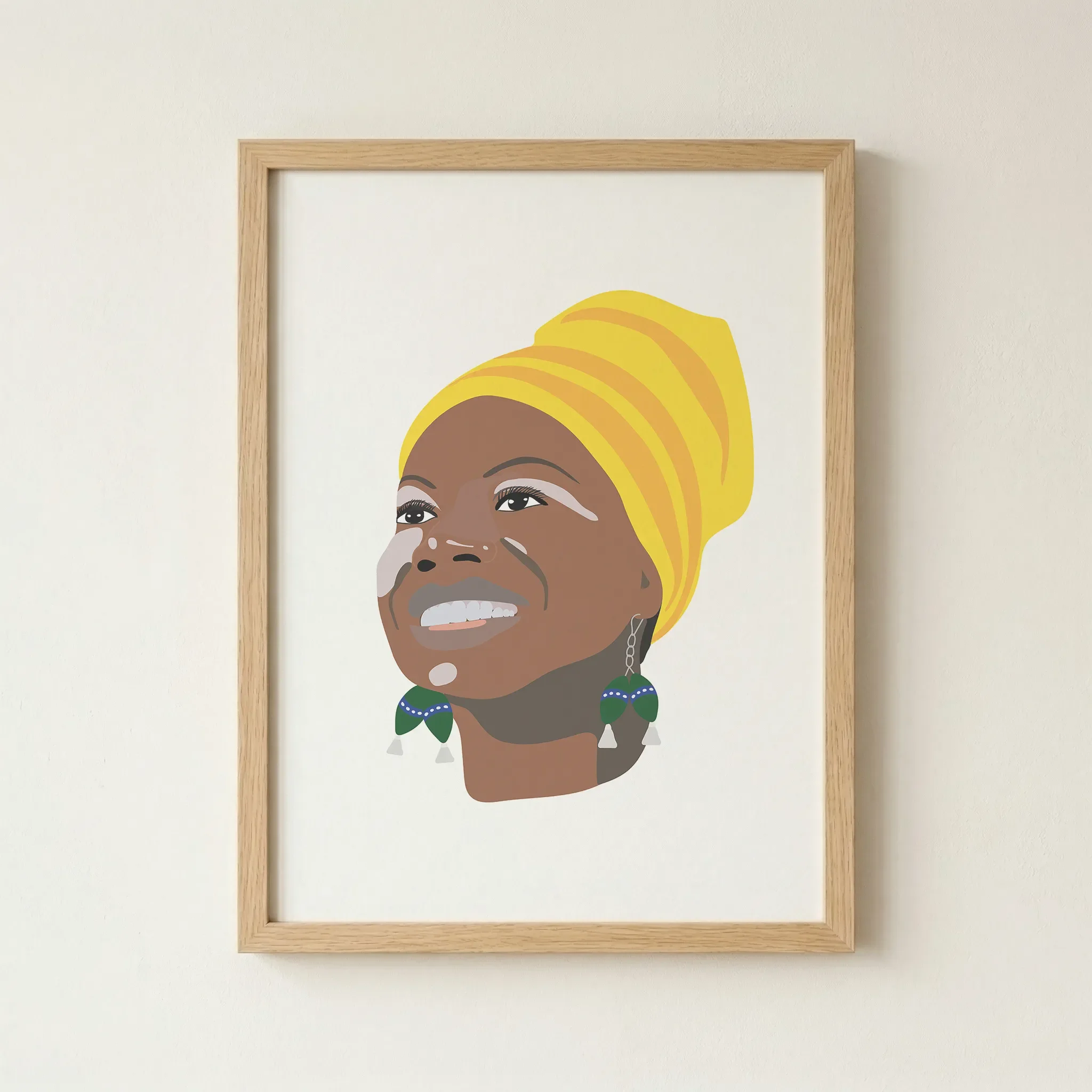 'Nina Simone' print in a natural wood frame, adding a warm, mid-century modern feel that complements the jazz-age heritage of the subject.
