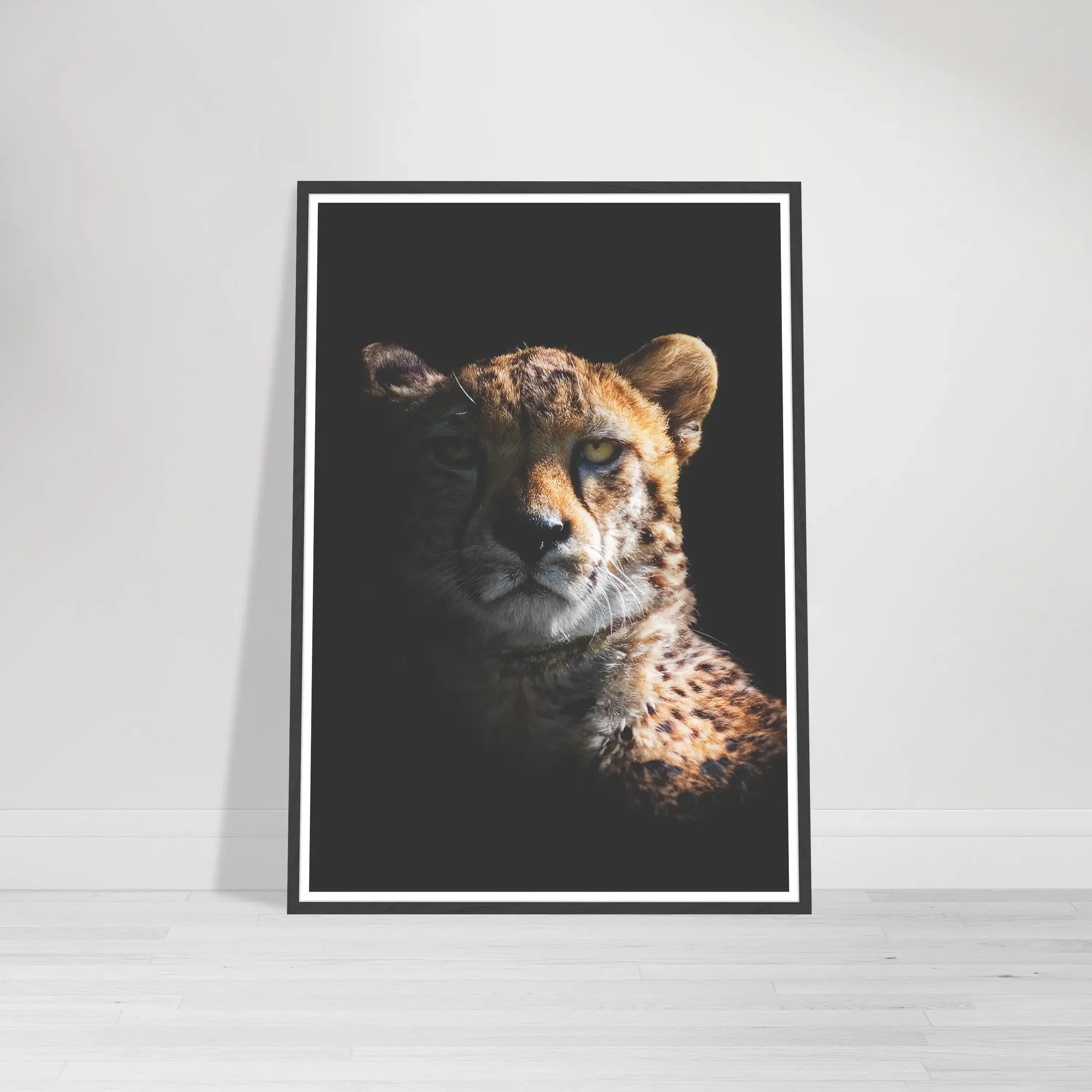 The 'Portrait of a Cheetah' fine art print in a black wooden frame, creating a seamless, dramatic extension of the dark shadows for a bold gallery look.