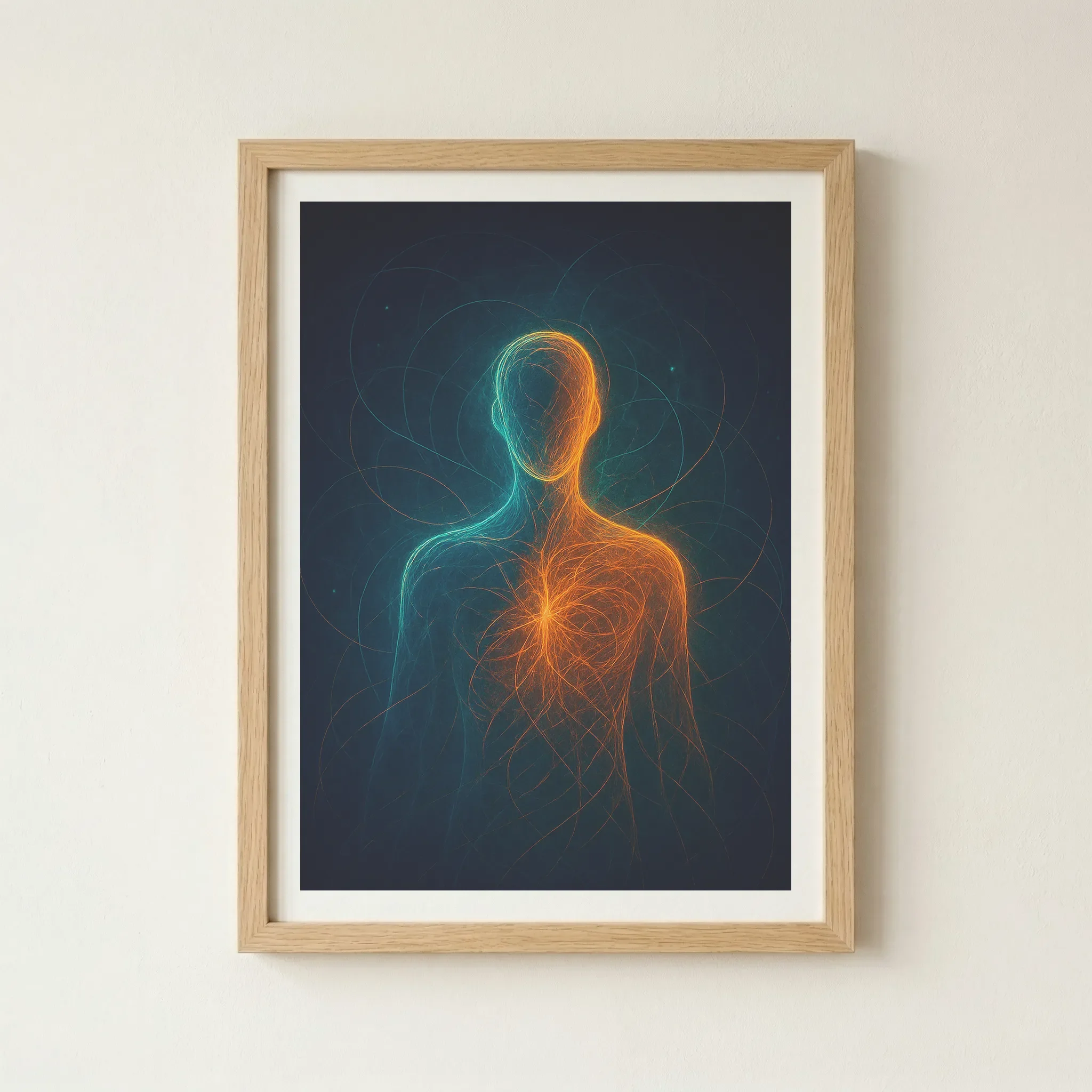 Becoming fine art print in a natural wood frame, providing an organic, grounded feel to the spiritual and ethereal digital threads of light.