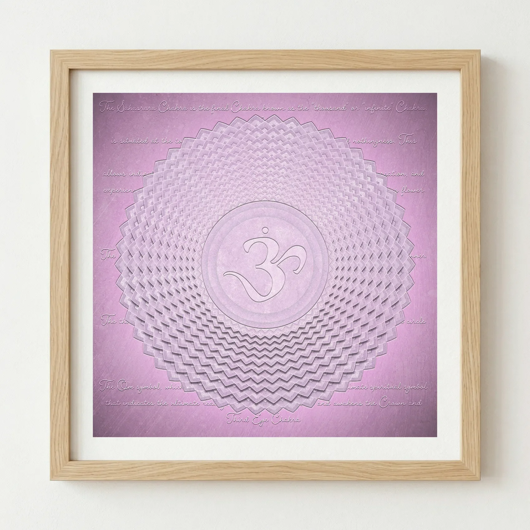 'Crown Chakra' print in a natural wood frame, adding an organic, grounded warmth to this celestial and spiritual composition.