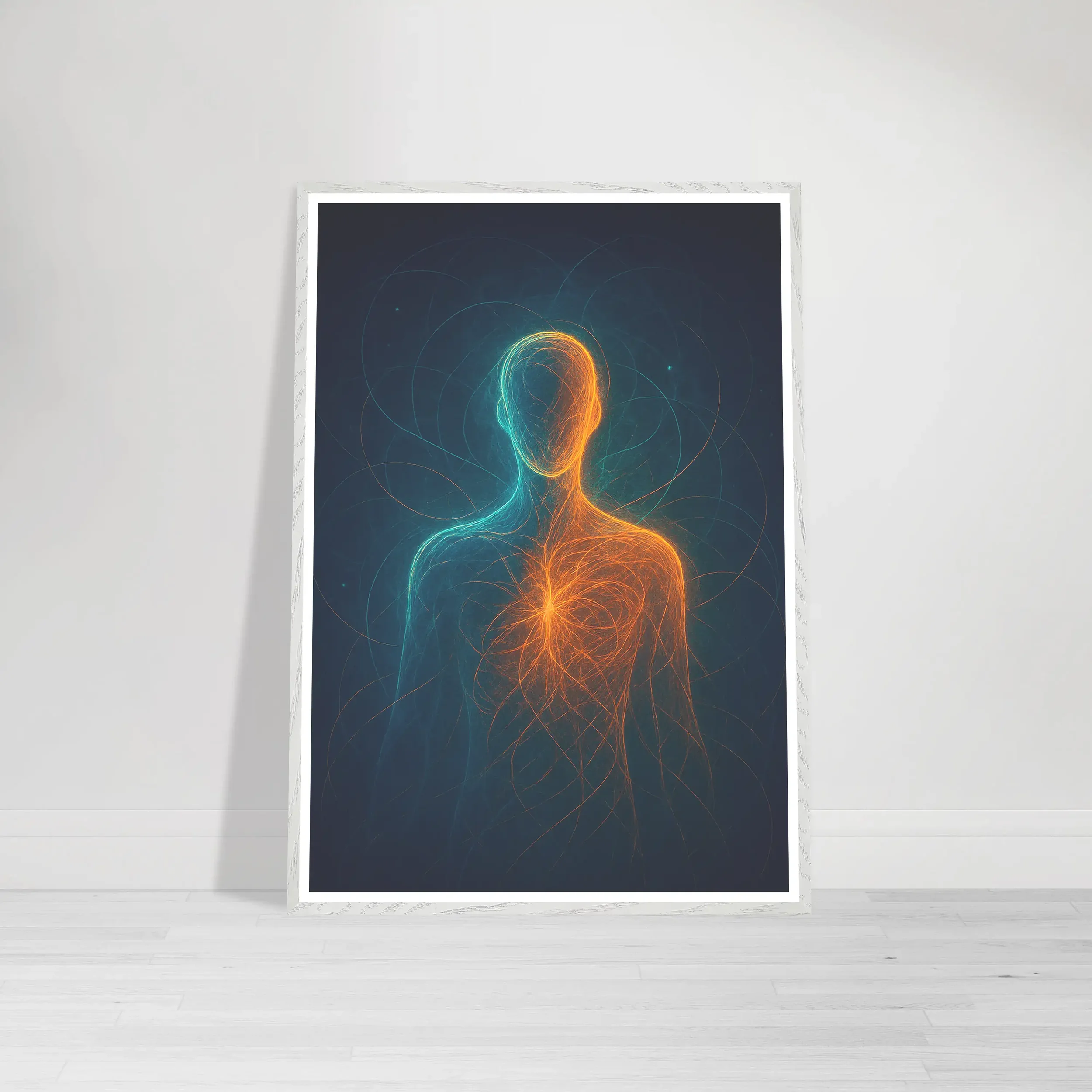 Abstract light-body artwork with blue and orange energy forming a human silhouette. on a White Frame