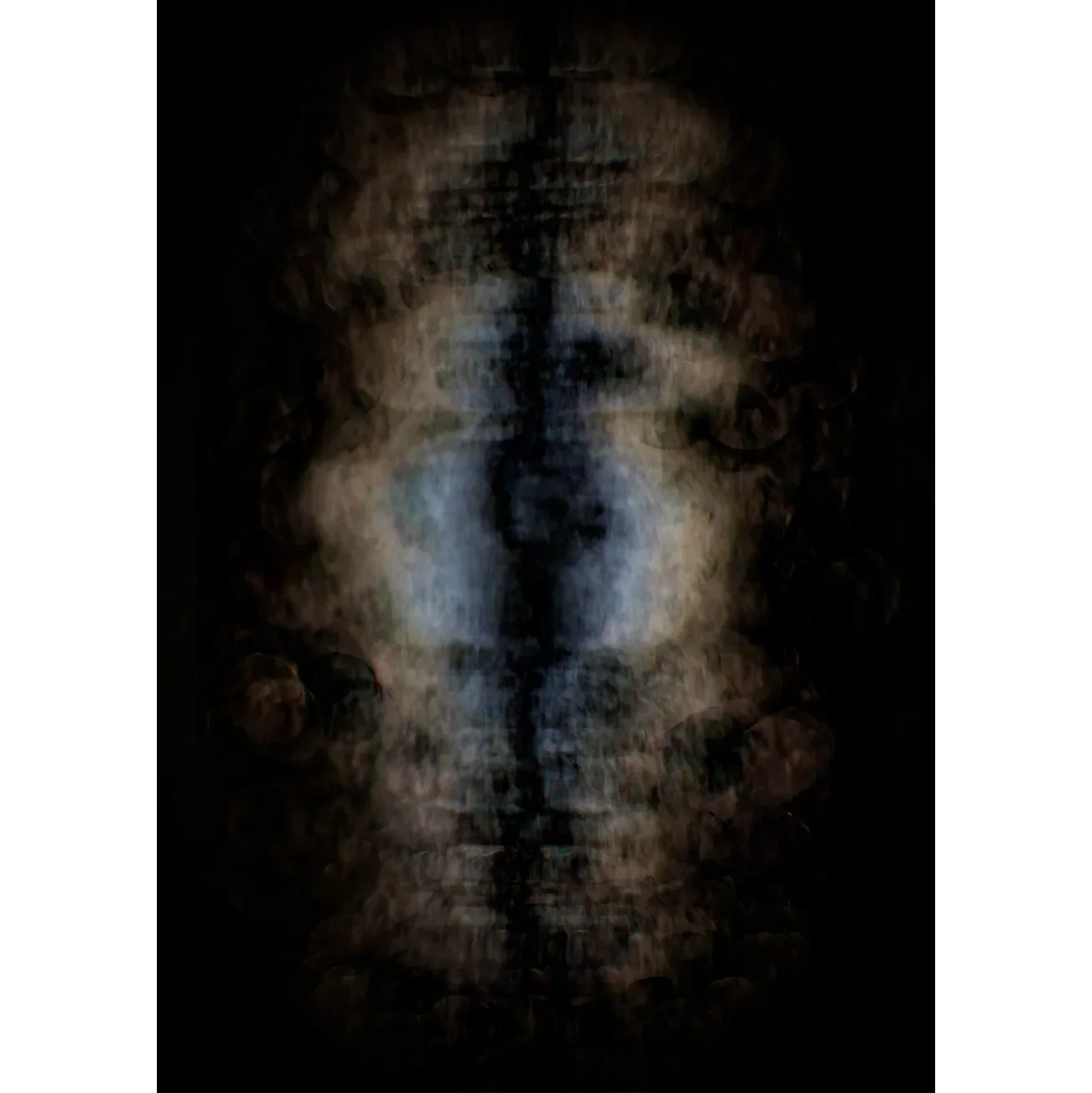 Abstract fine art print of a dark vertical core surrounded by a shifting, hazy atmosphere of blue and amber light.