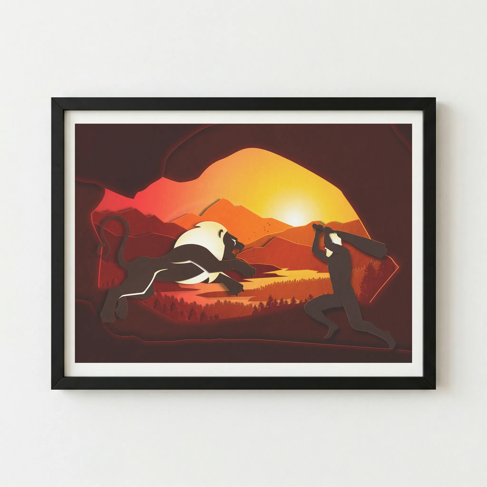 he 'Leo' fine art print in a black wooden frame, which provides a dramatic, seamless border for the dark cave foreground.