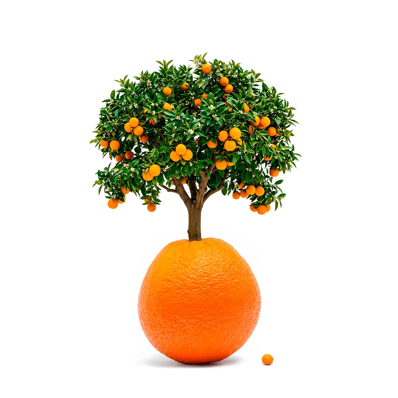 Minimalist surreal art print of a small, lush green tree growing directly out of a vibrant textured orange.