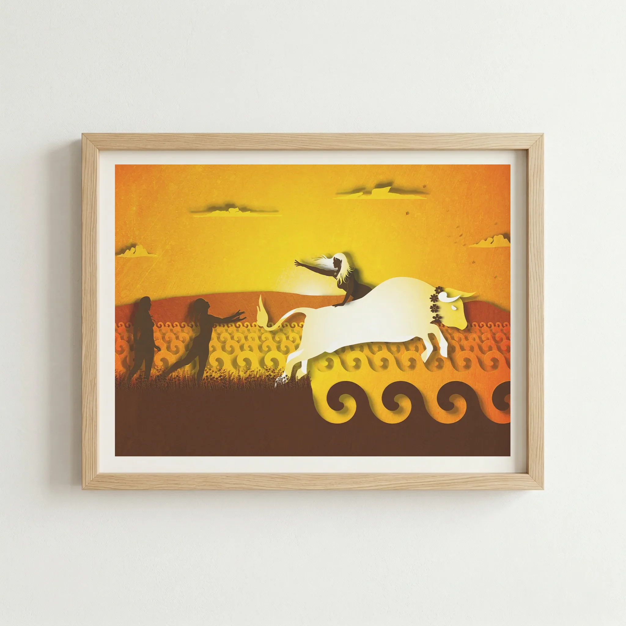 'Taurus' print in a natural wood frame, perfectly complementing the earthy Taurean theme and the warm, sunset colour palette.
