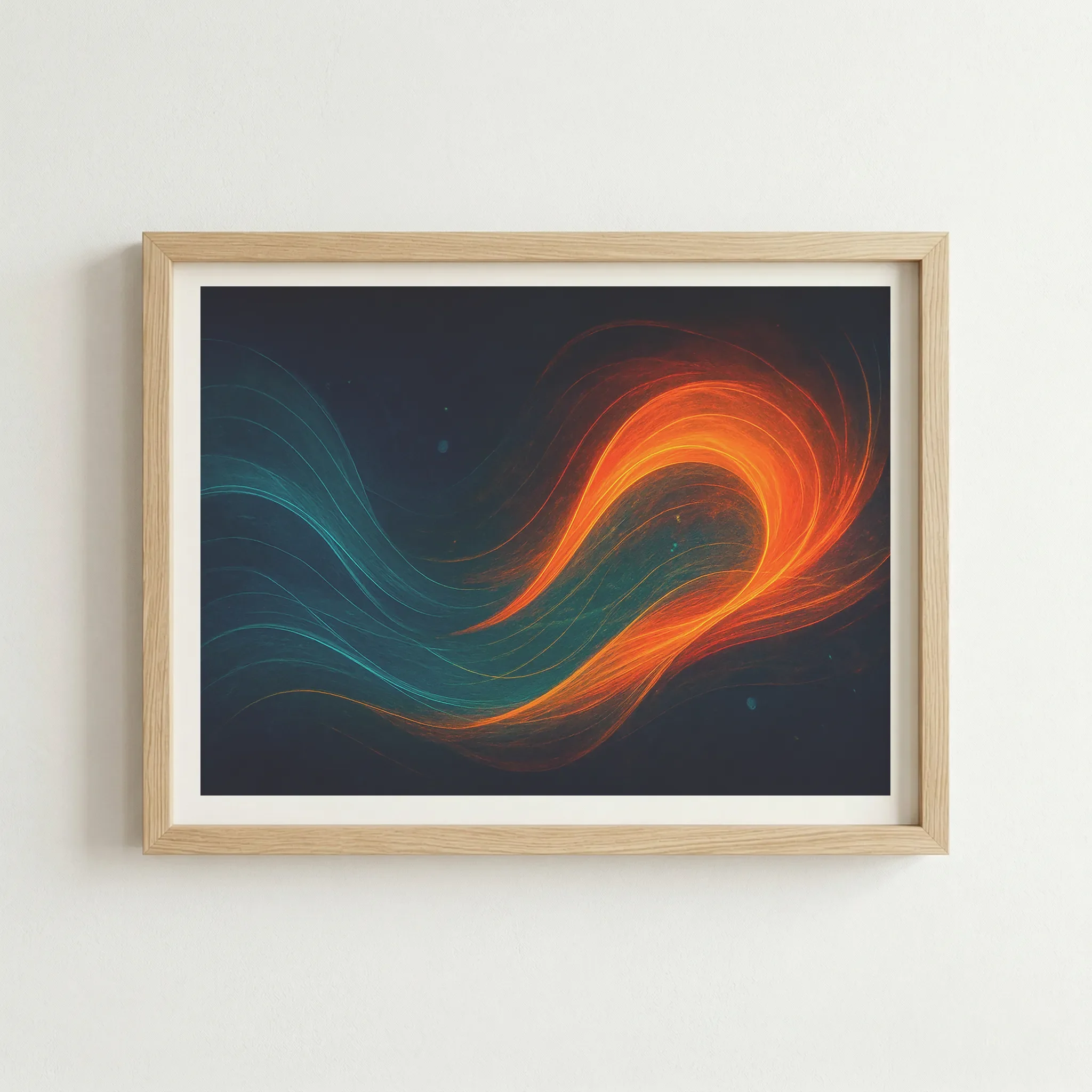 'Emergence of Duality' fine art print in a natural wood frame, adding organic warmth to the digital-painterly aesthetic.