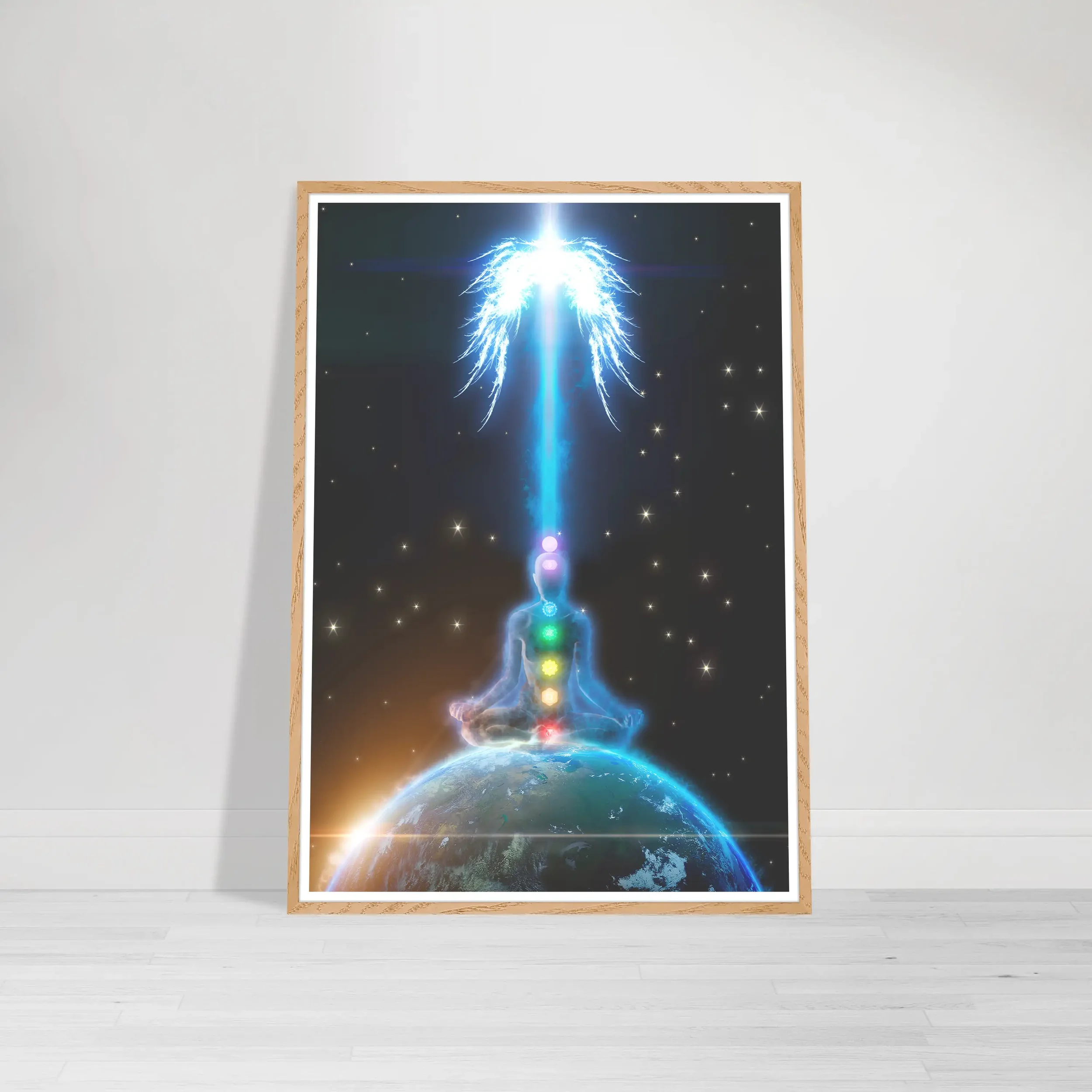 The meditation print in a natural wood frame, adding an organic, grounded touch to the high-energy celestial theme.