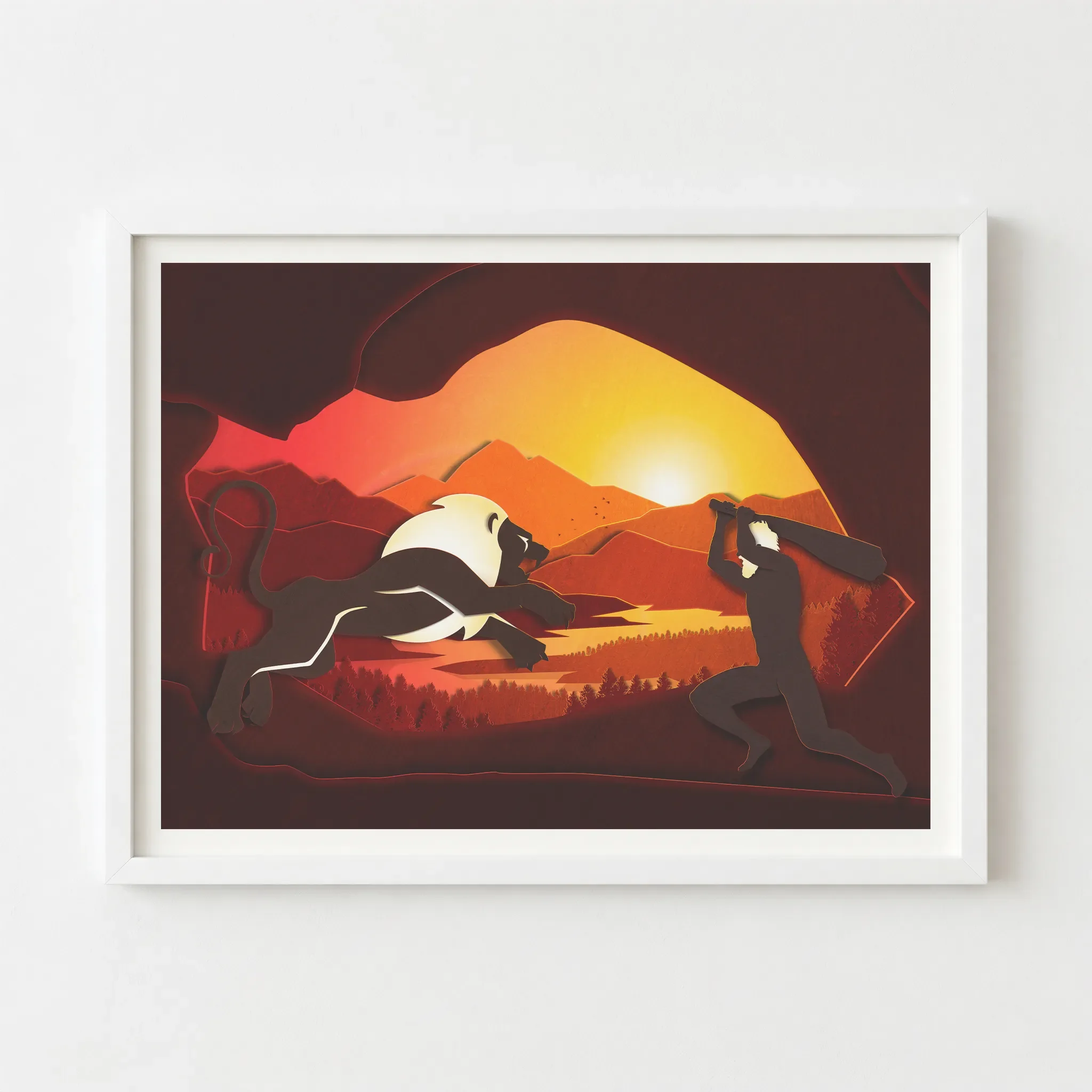 'Leo: The Lion' print in a white frame, offering a crisp, contemporary contrast that makes the golden solar hues pop.