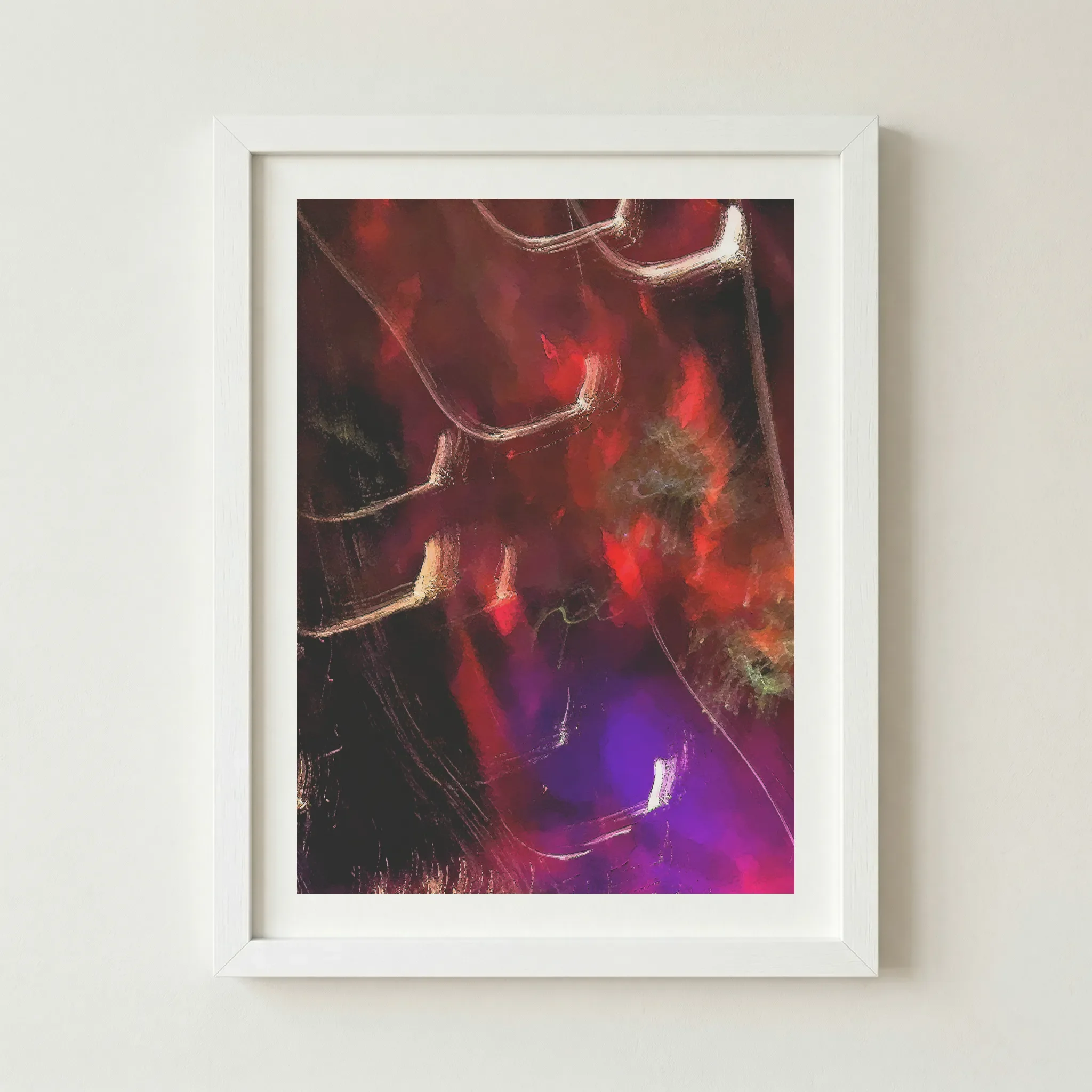 Modern ICM digital painting in a white frame, creating a sharp, clean contrast that makes the electric violet and white light elements "pop".