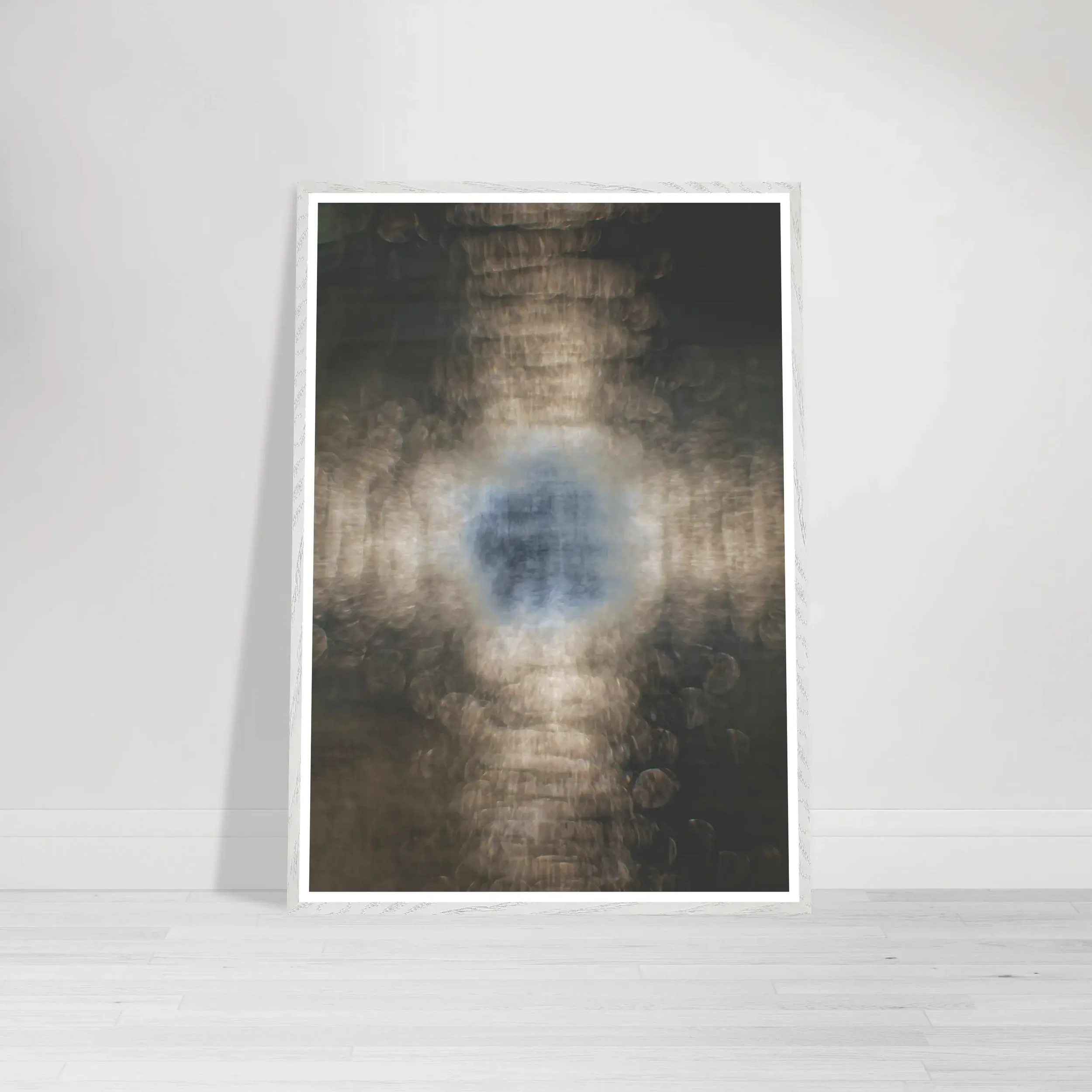Evolution abstract photomanipulation print displayed in a modern White frame on a contemporary living room wall