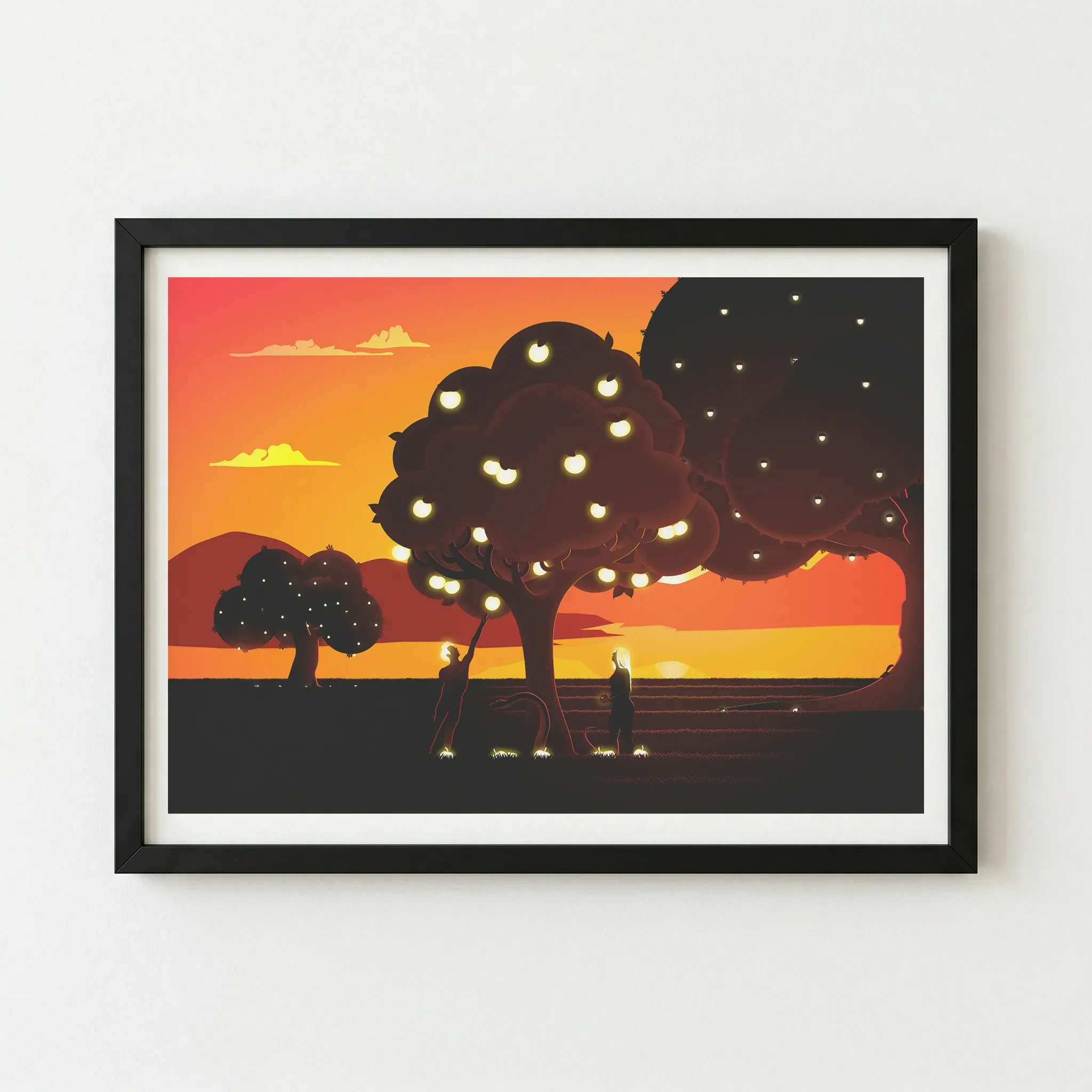 Apple of Eden sunset silhouette print in a premium black wooden frame, enhancing the dramatic shadows and the luminous glow of the golden apples.