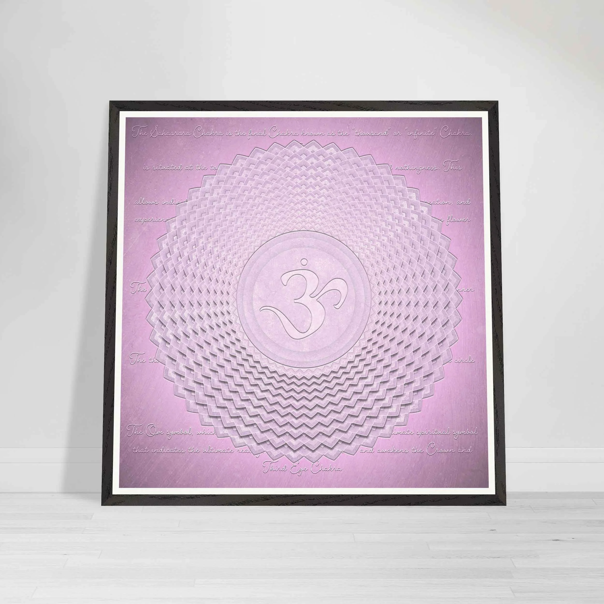 Violet Crown Chakra mandala art featuring layered lotus geometry and an Om symbol, representing Sahasrara and higher consciousness Black Frame