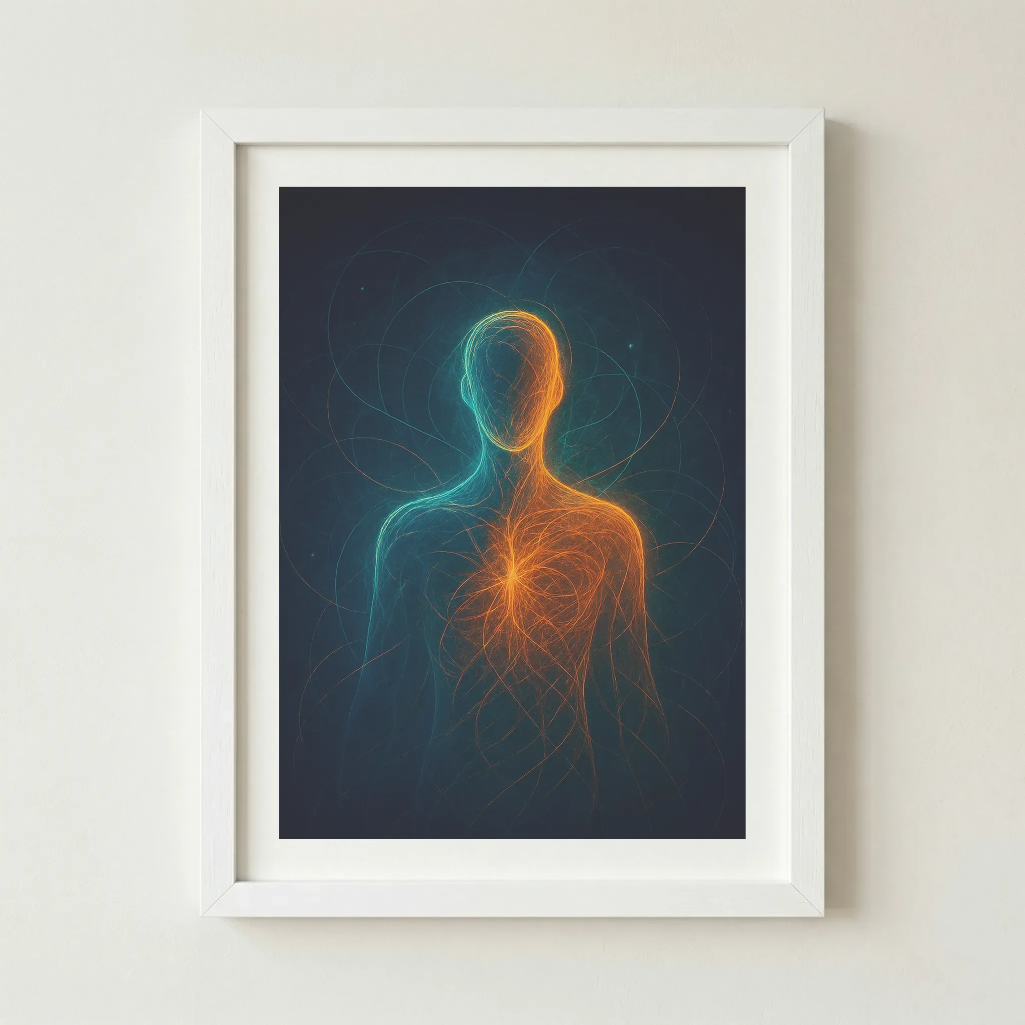Becoming print in a modern white frame, acting as a clean extension of the artwork's energy and allowing the light trails to feel expansive.