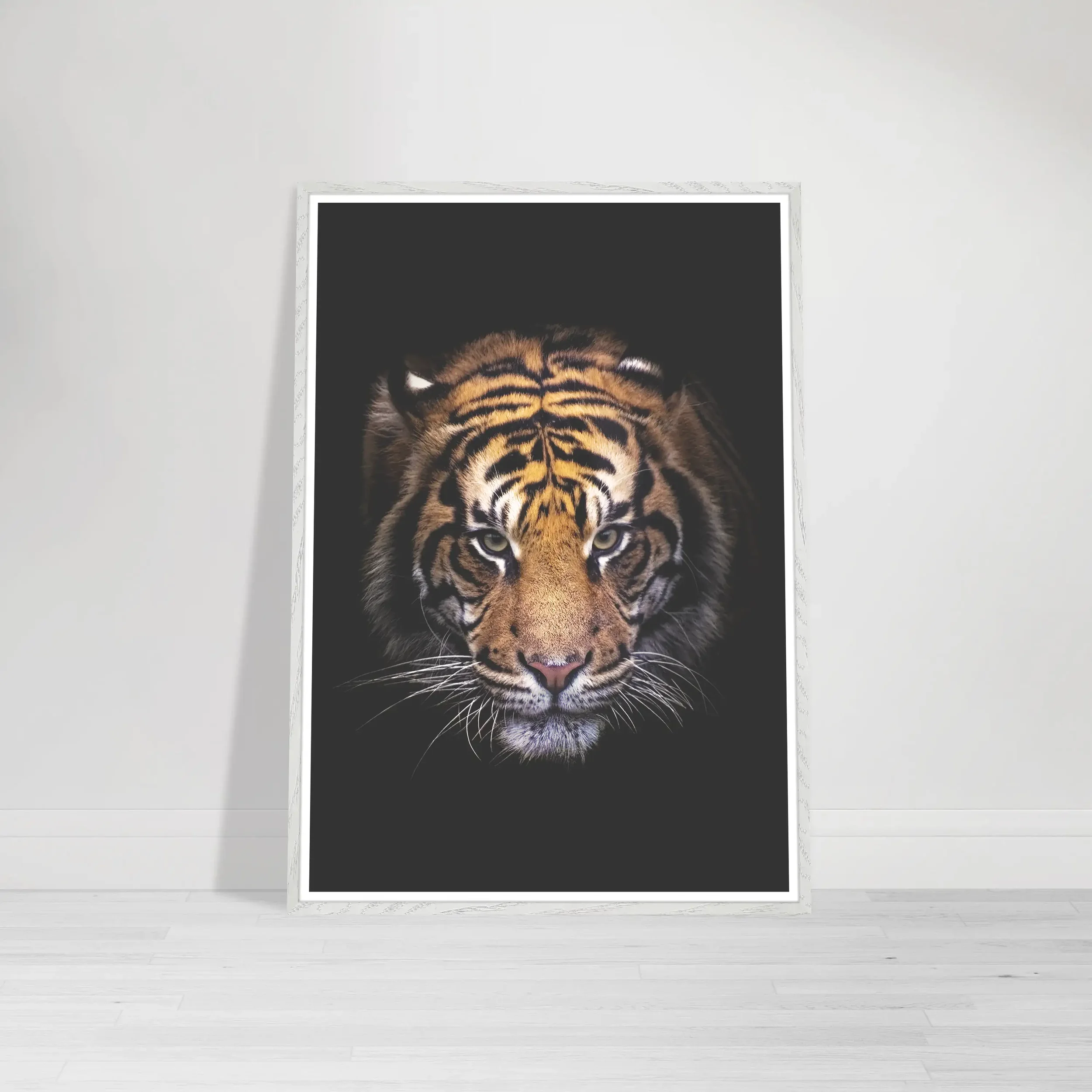 'Tiger' fine art print in a white frame, providing a crisp contrast that makes the vibrant orange tones and piercing gaze pop intensely.
