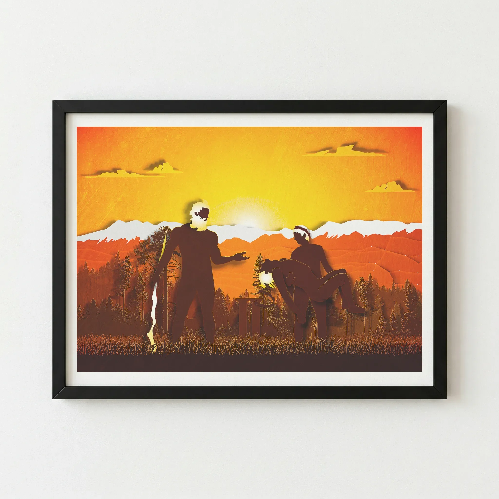 The 'Gemini' zodiac print in a black wooden frame, which sharpens the silhouettes and intensifies the warm glow of the setting sun.