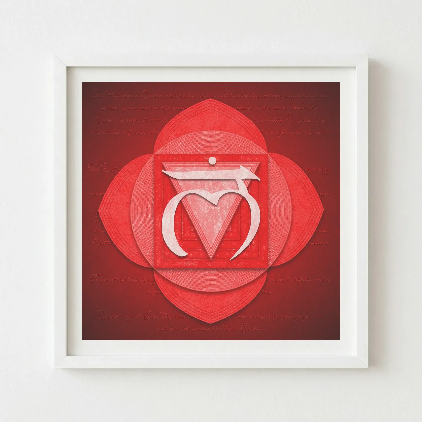 'Root Chakra' fine art print in a white frame, offering a crisp, contemporary contrast that makes the red geometric layers appear to radiate outward.