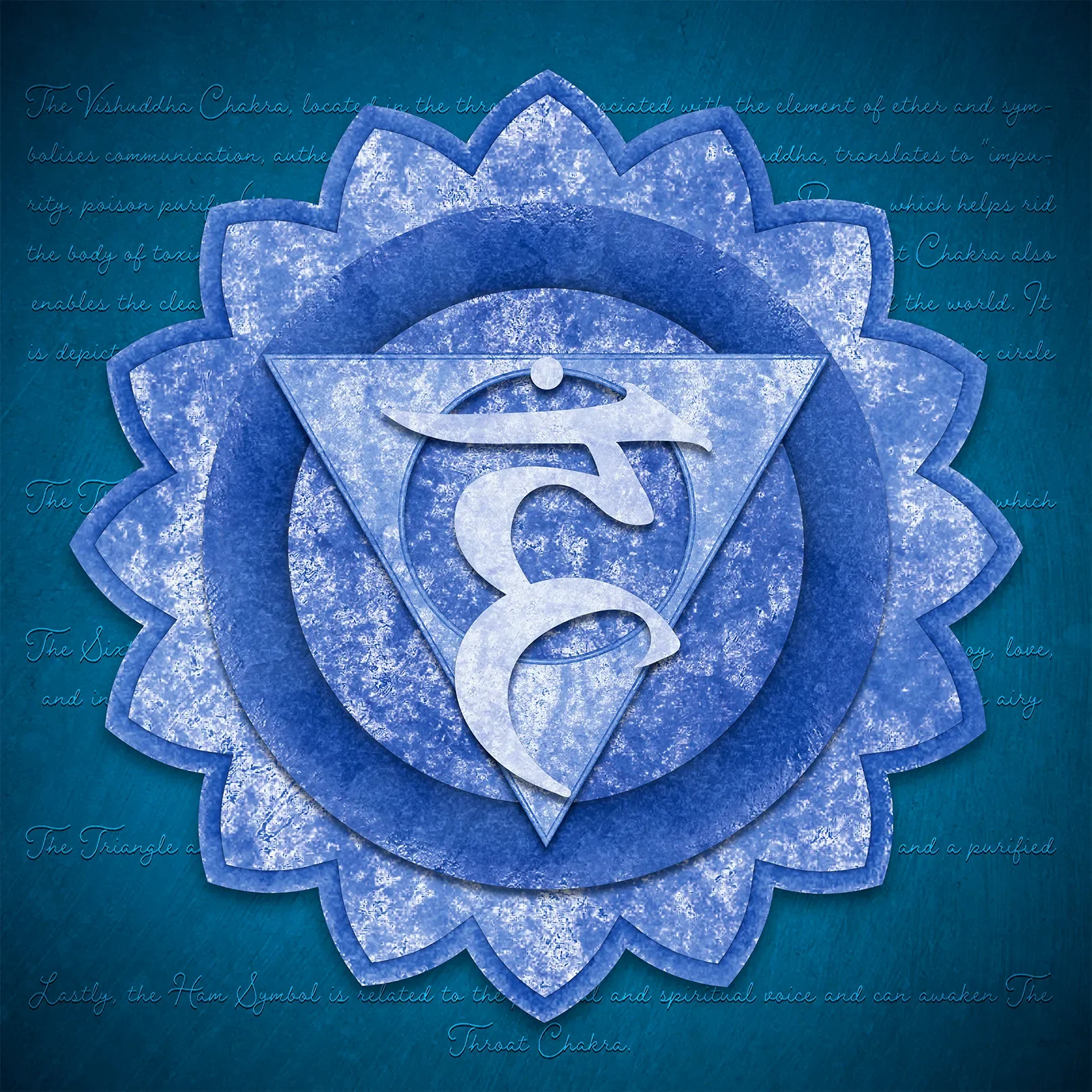 A sacred geometric illustration of the Throat Chakra (Vishuddha) in layered shades of cerulean and azure blue, featuring the central 'Ham' seed syllable and symbolic sixteen-petalled lotus.