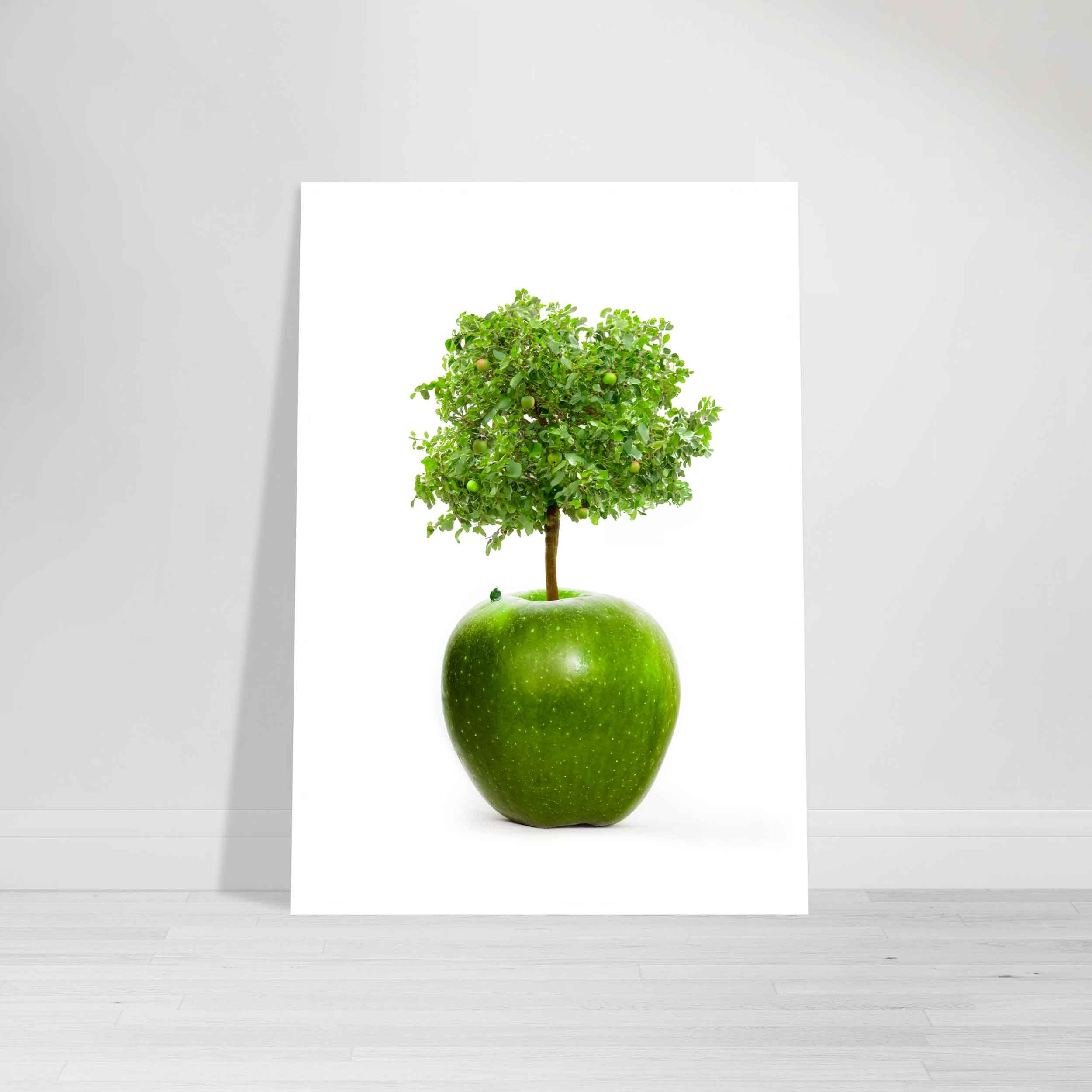 Fine art print of a tree growing out of an apple on a white background – a symbolic image representing growth, wisdom, and transformation
