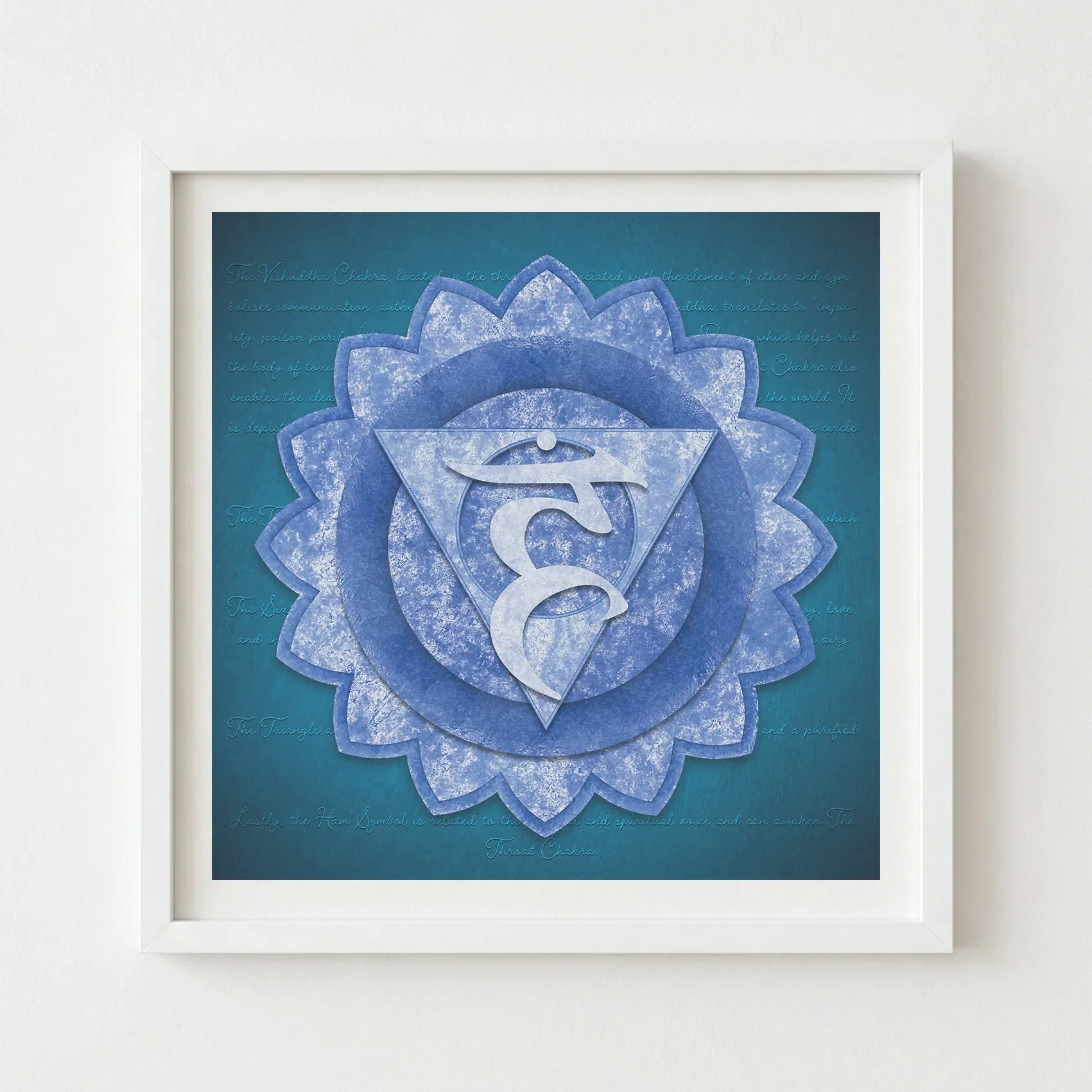 The Vishuddha art in a white frame, creating a crisp, clean border that emphasises the airy, ethereal element of the chakra.