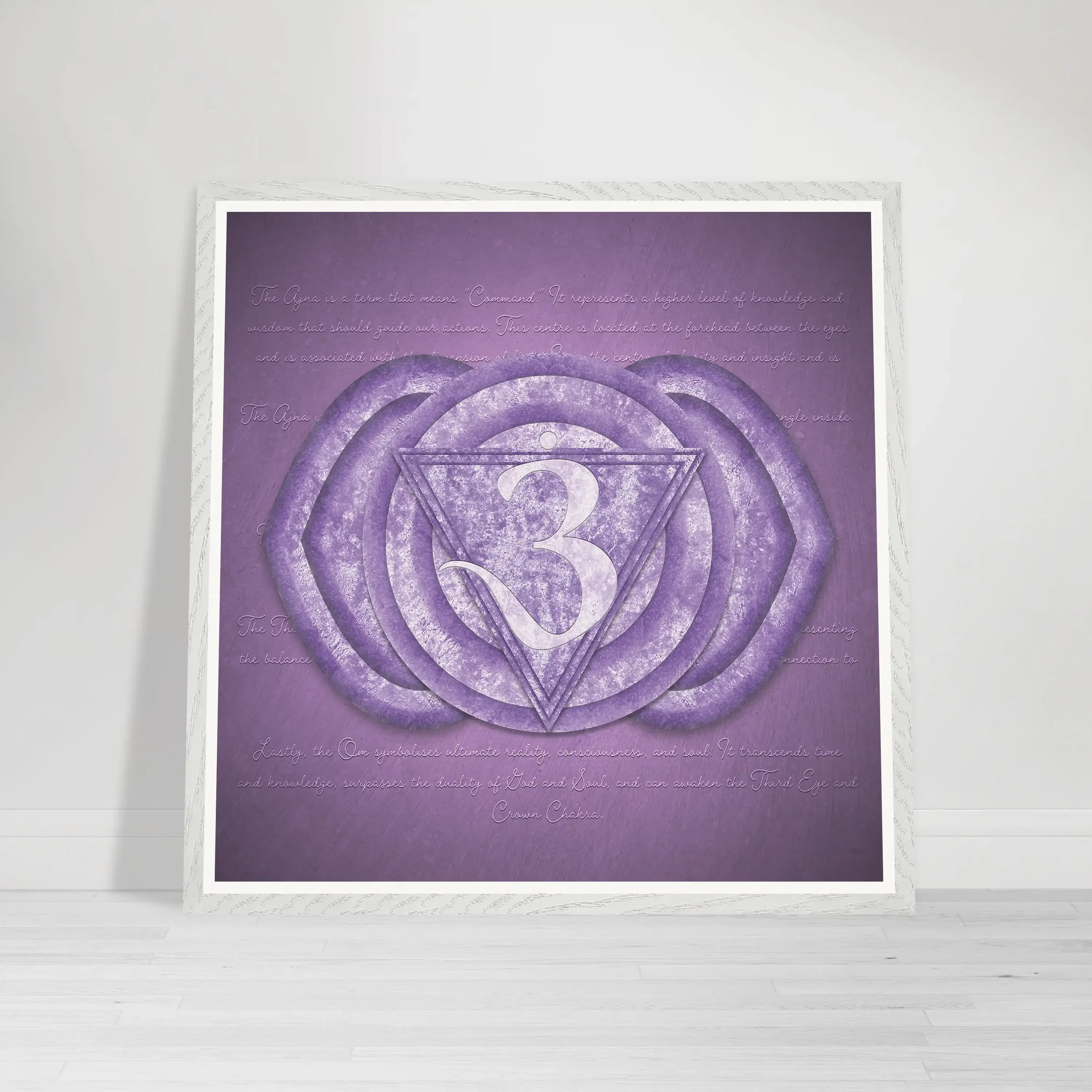 Square symbolic fine art print of the Third Eye Chakra in deep indigo tones with crystalline geometric patterns in a white wood frame