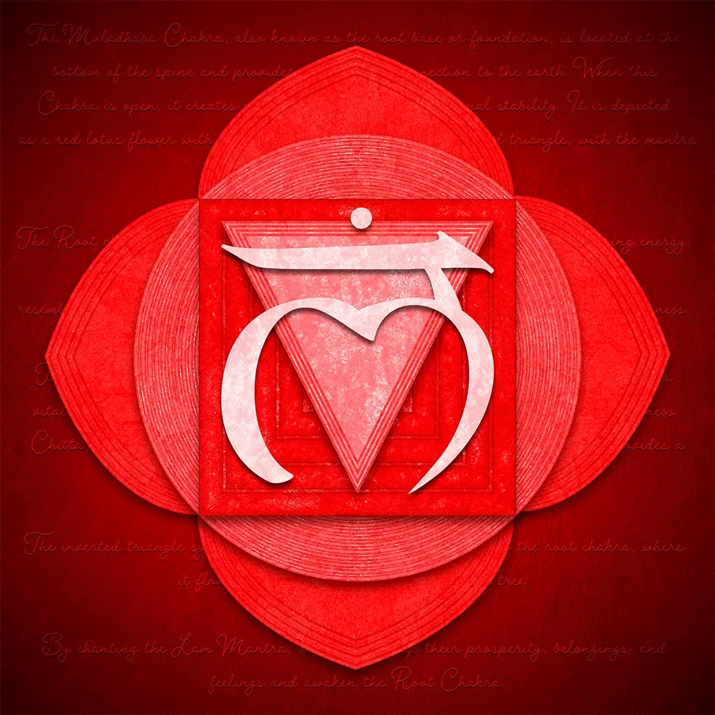 Vibrant red and crimson fine art print of the Root Chakra featuring layered sacred geometry and a traditional red lotus.