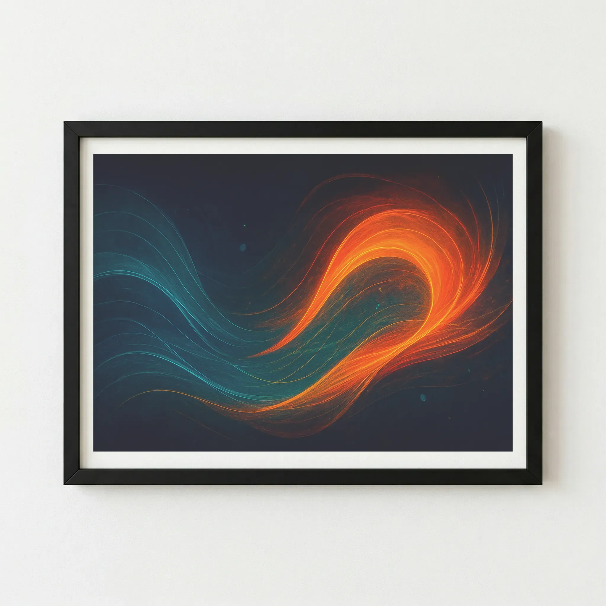 The 'Emergence of Duality' print in a black wooden frame, providing a sophisticated, seamless border that makes the luminous orange and blue strokes vibrate with intensity.