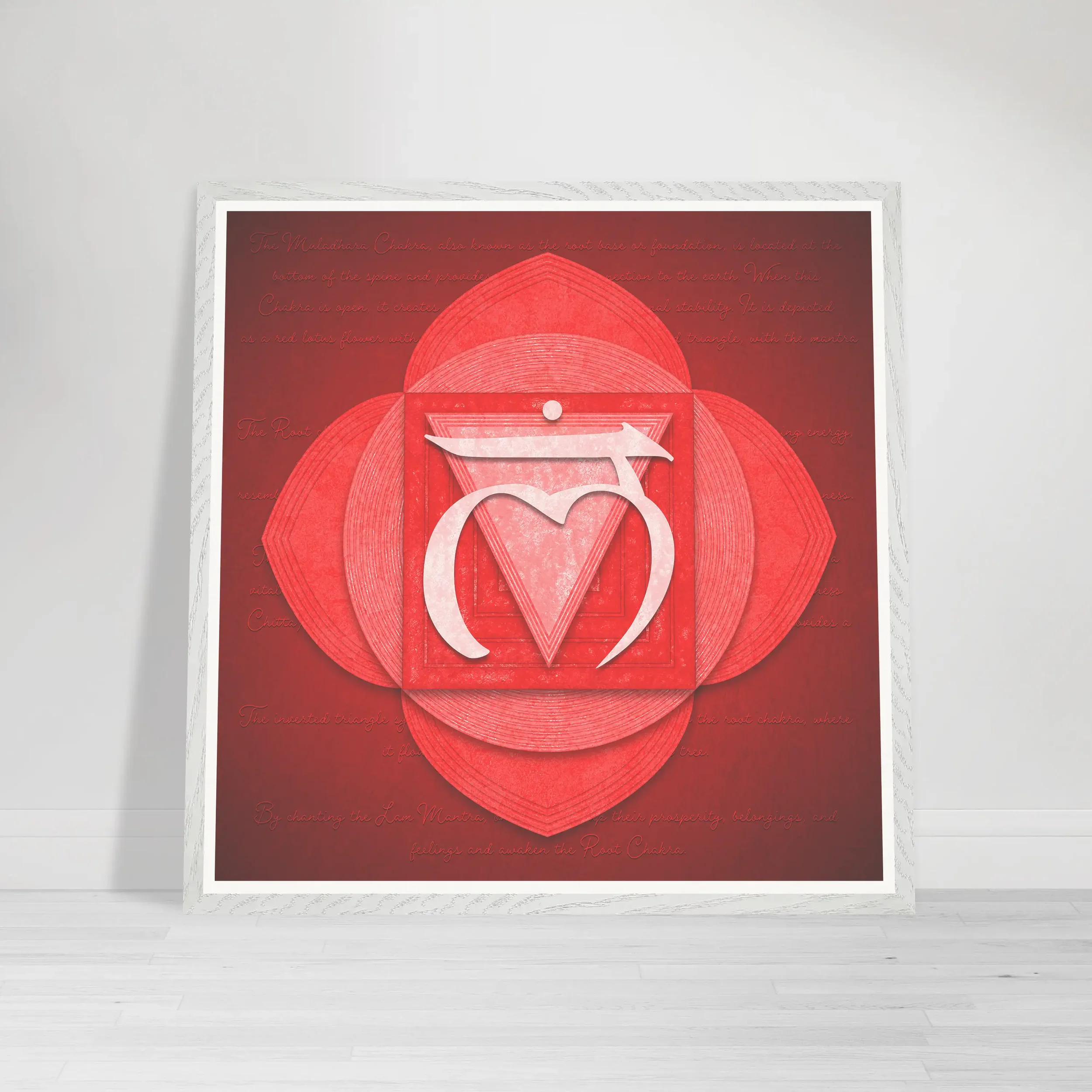 Root Chakra White Frame fine art print – earthy red symbolic artwork representing Muladhara energy, grounding, emotional safety, and inner stability