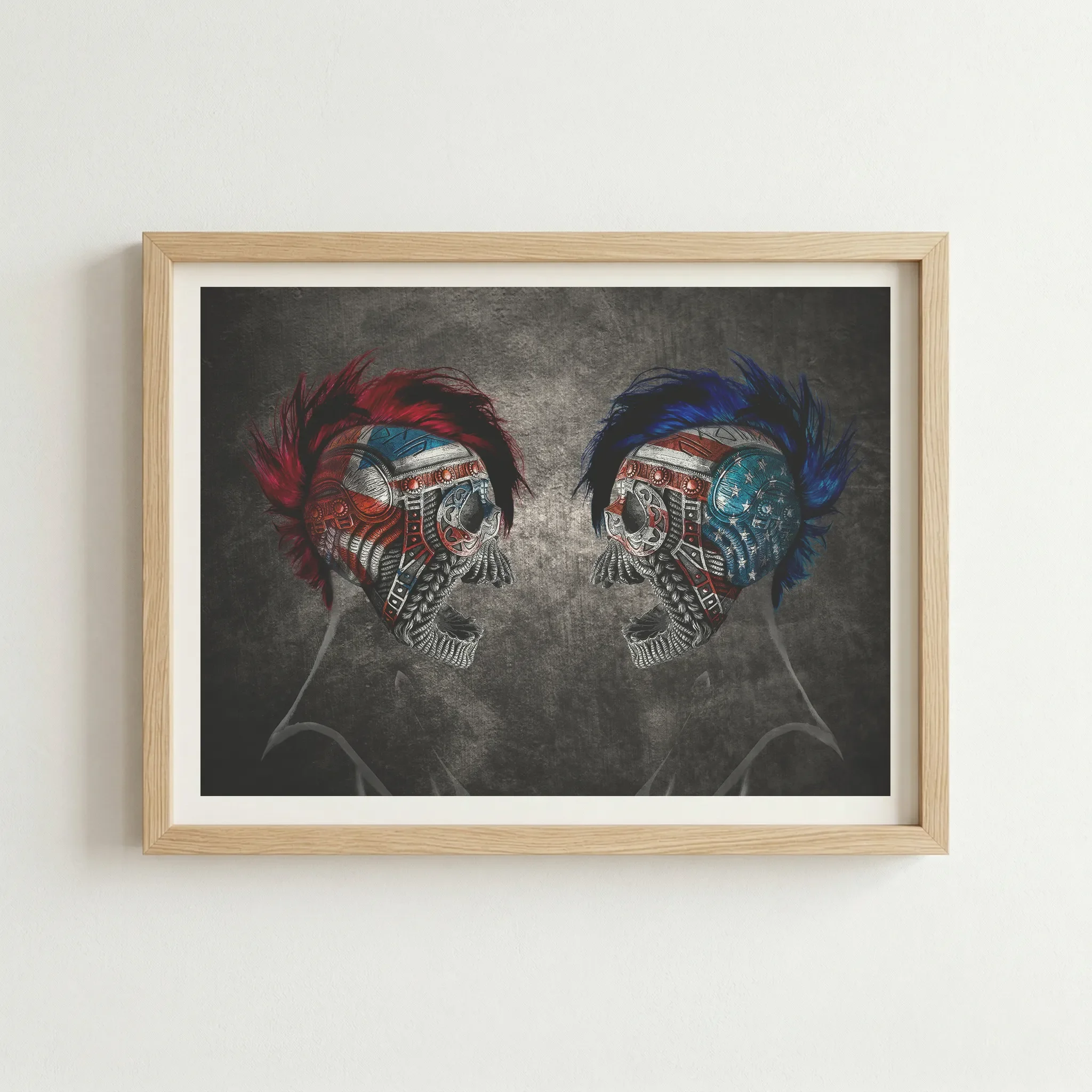 'Imperium Chaos' art in a natural wood frame, providing a grounding, organic contrast to the cold, aggressive biomechanical subject matter.