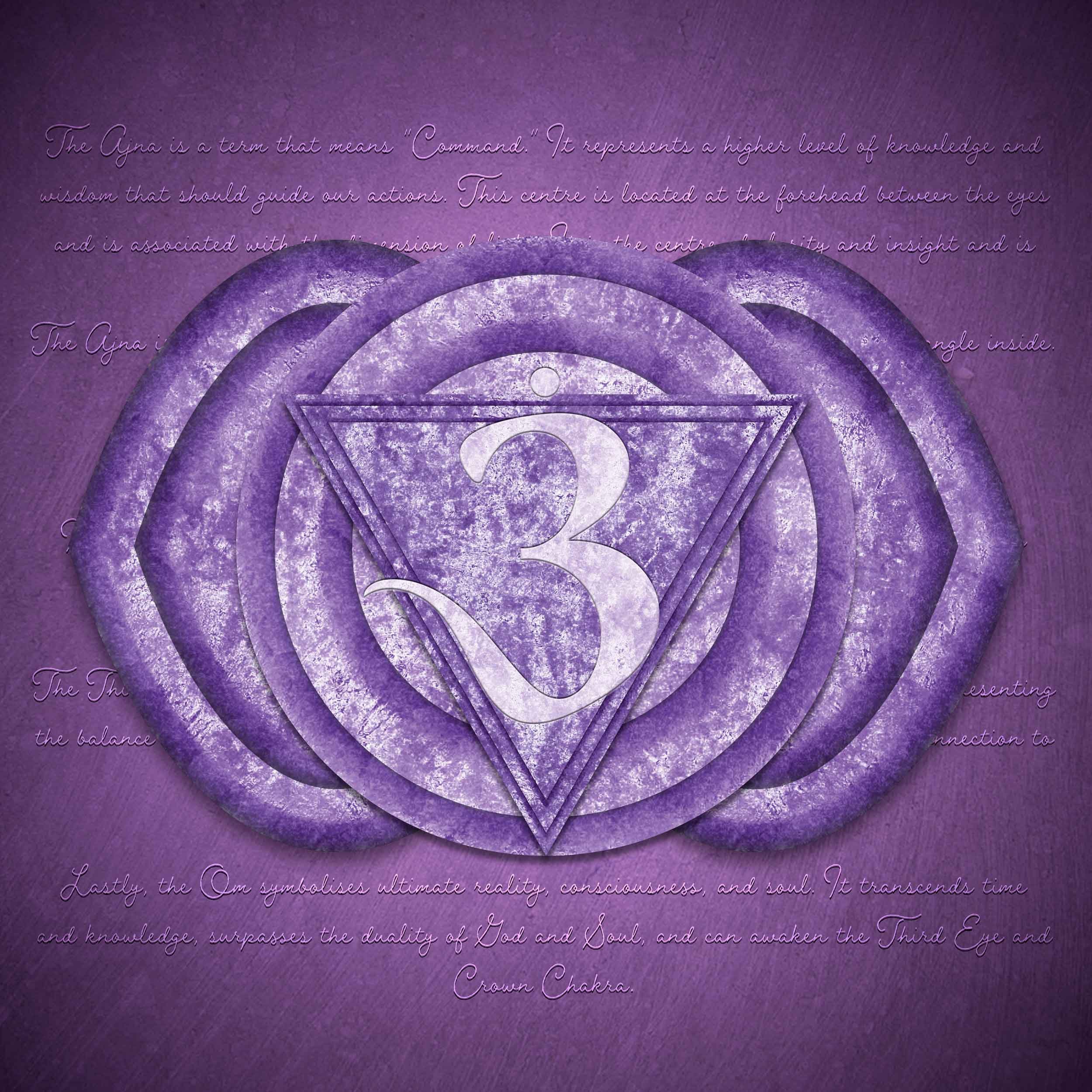 Deep indigo Ajna Third Eye Chakra fine art print featuring Om symbolism, a two-petaled lotus, and sacred geometry by GG Digital Creations.