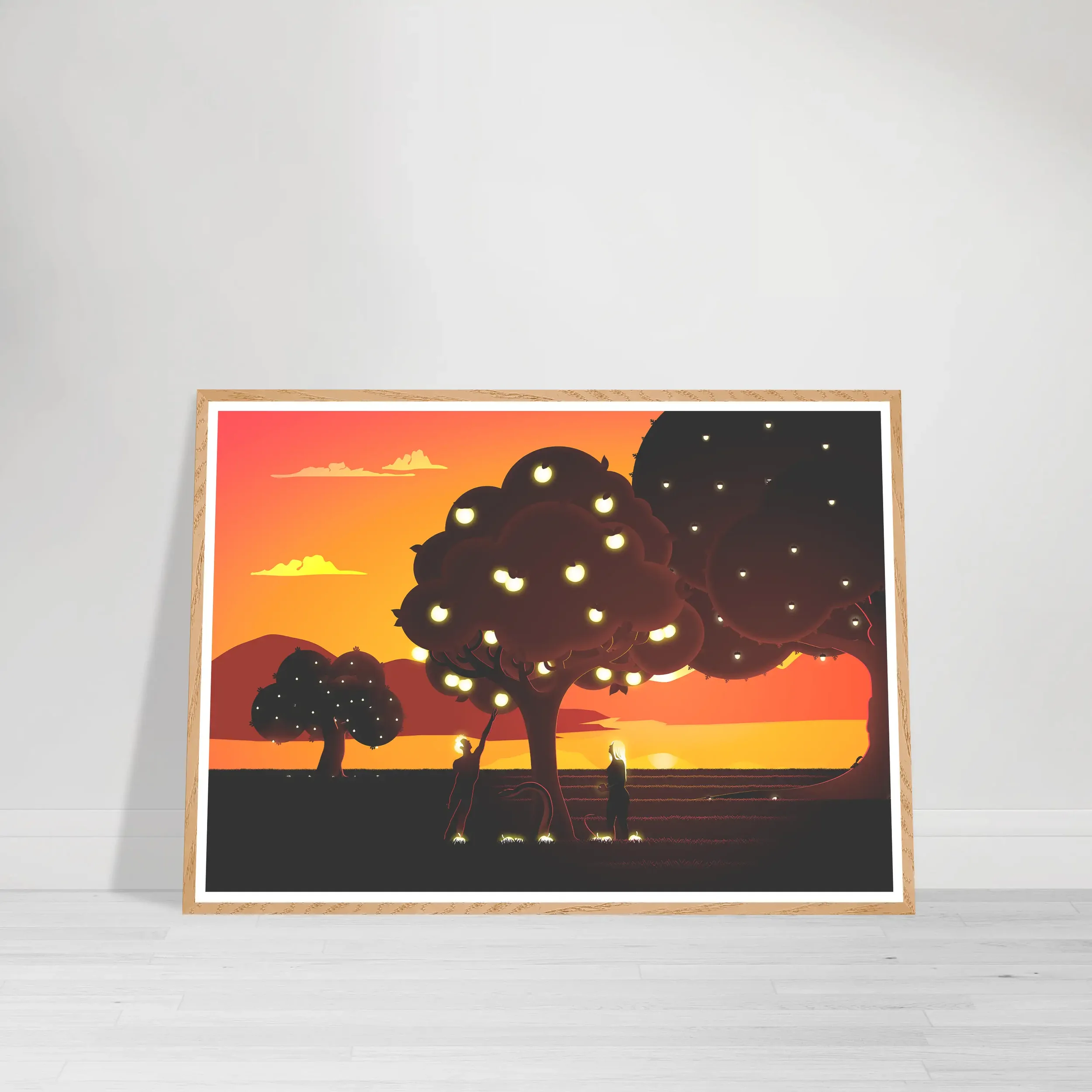 Adam and Eve beneath the glowing Tree of Knowledge at sunset with golden apples on a wood frame