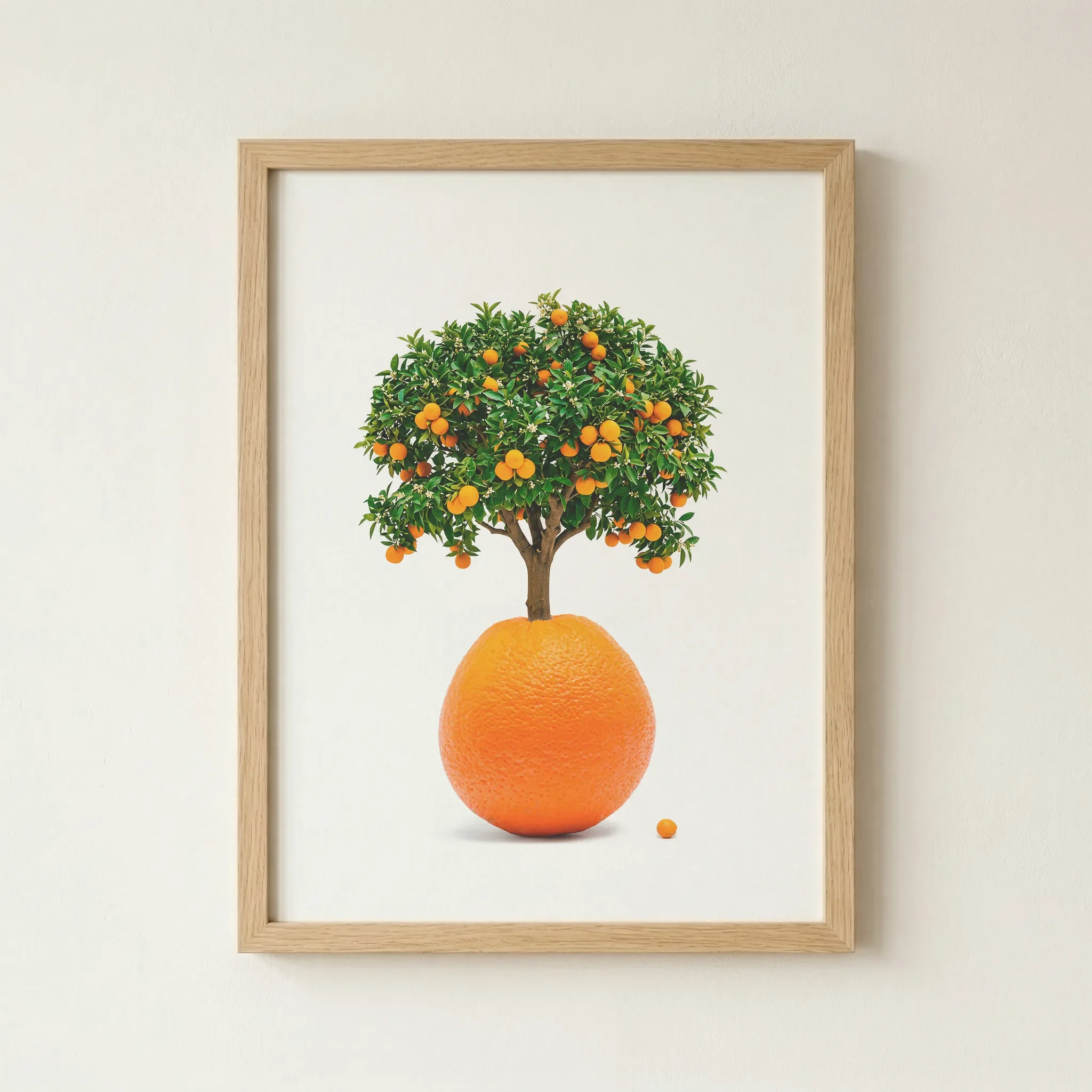 'The Orange Tree' print in a natural wood frame, adding an organic, earthy border to this playful and imaginative botanical study.