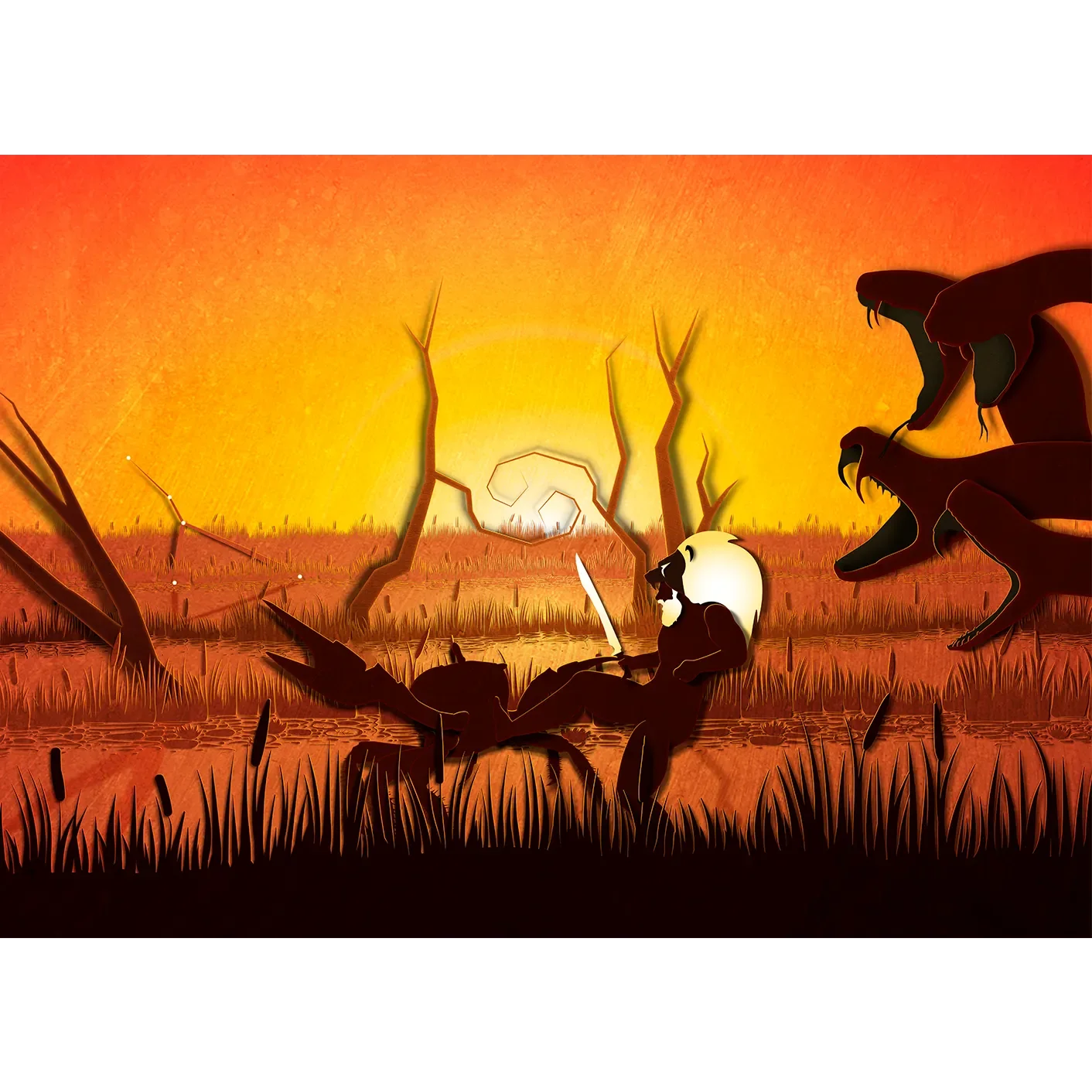 A vibrant orange and yellow zodiac art print featuring the silhouette of a crab attacking a hero (Hercules) amidst the heads of a Hydra, set against a sunset forest.