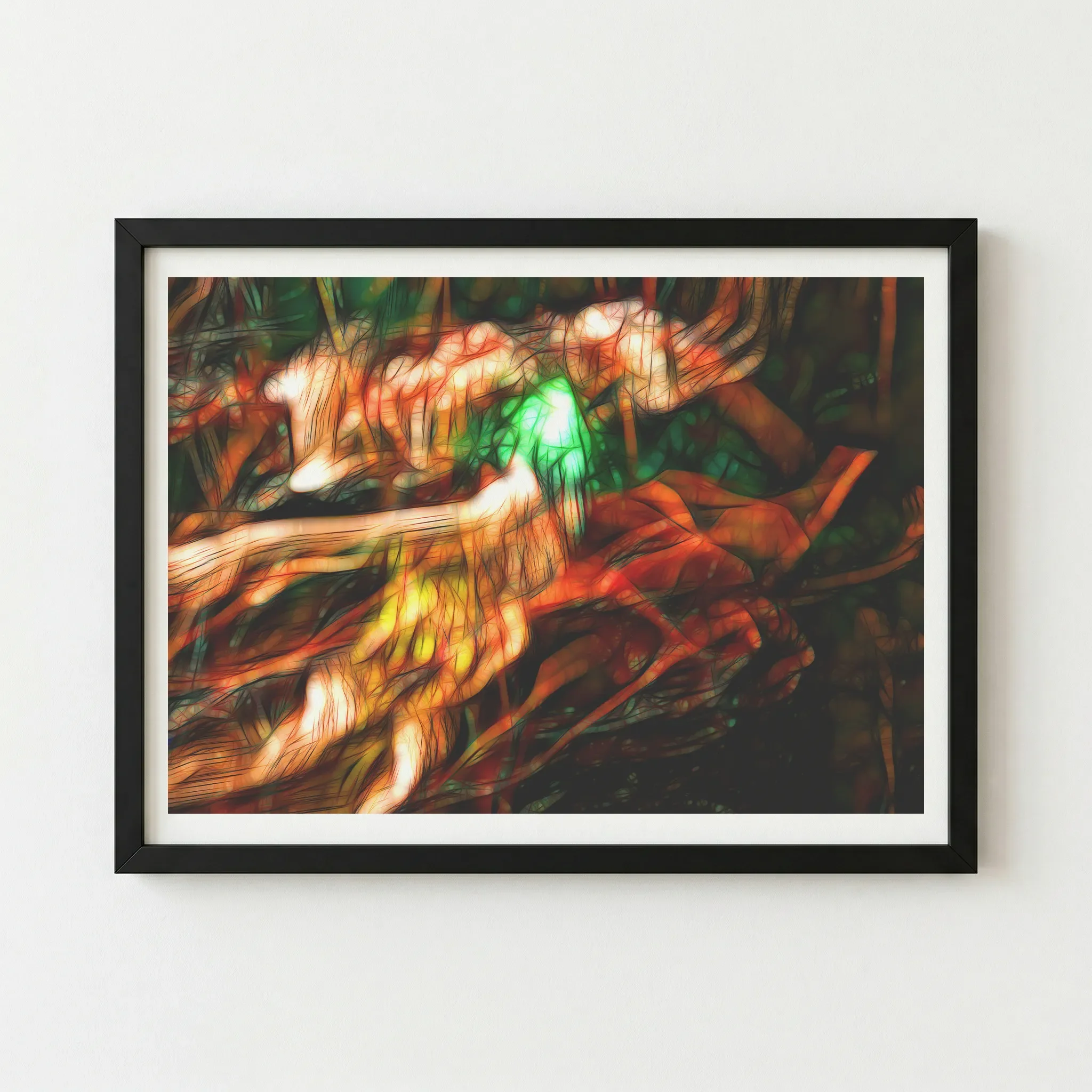 The 'Metro Android' print in a black wooden frame, providing a dark, industrial border that makes the neon greens and oranges appear to pulsate with light.