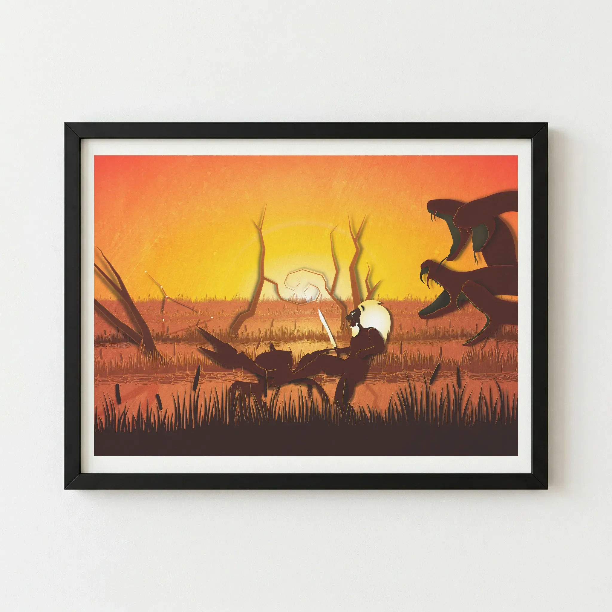 The Cancer zodiac artwork in a black wooden frame, making the fiery sunset and high-contrast silhouettes appear more dramatic and bold.