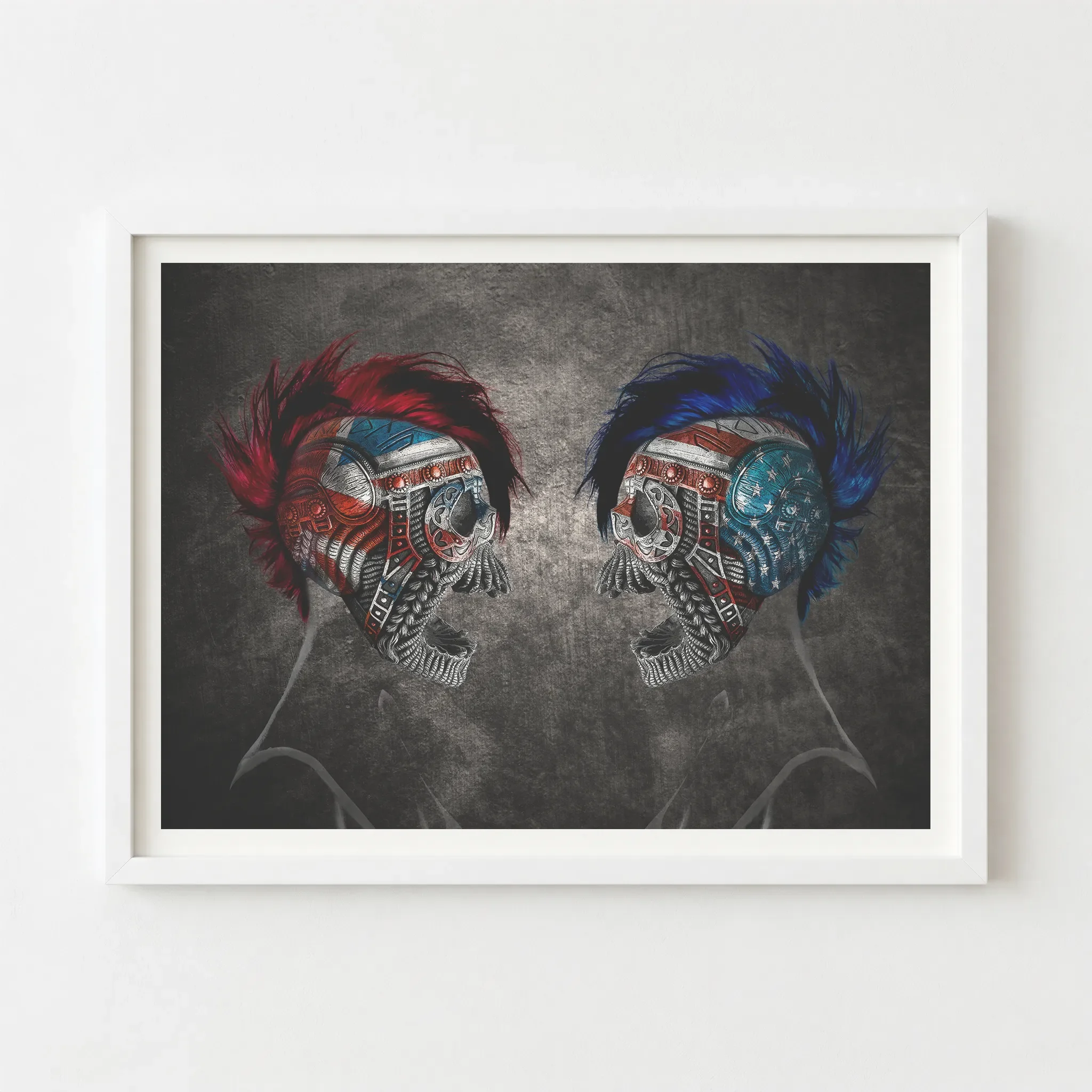 Political satire art in a white frame, creating a sharp, modern border that makes the nationalistic colours and mechanical details stand out