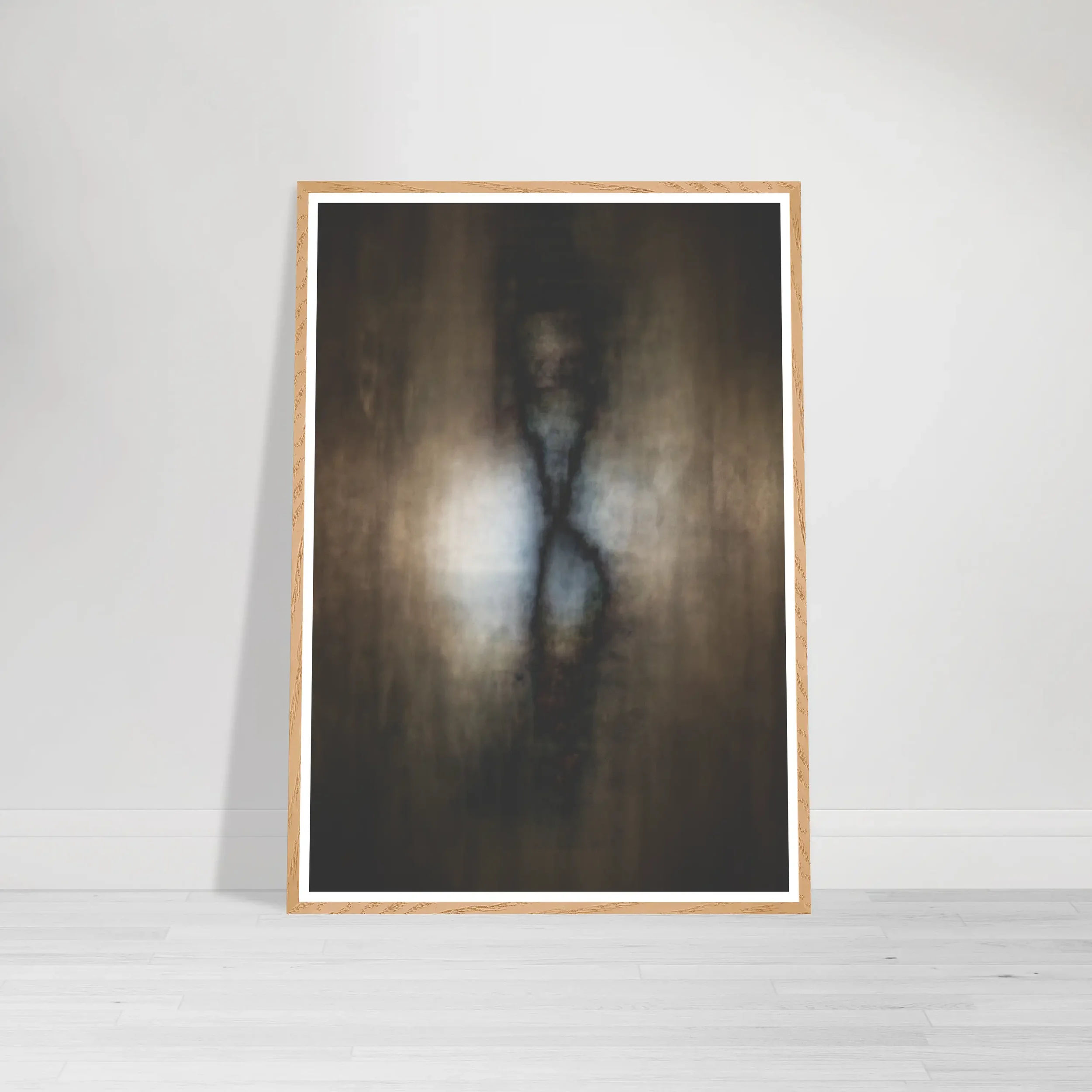 Abstract Cocoon Butterfly artwork showing a soft vertical form emerging from darkness into white light, symbolising transformation and rebirth. Wood Frame Fine Art Print