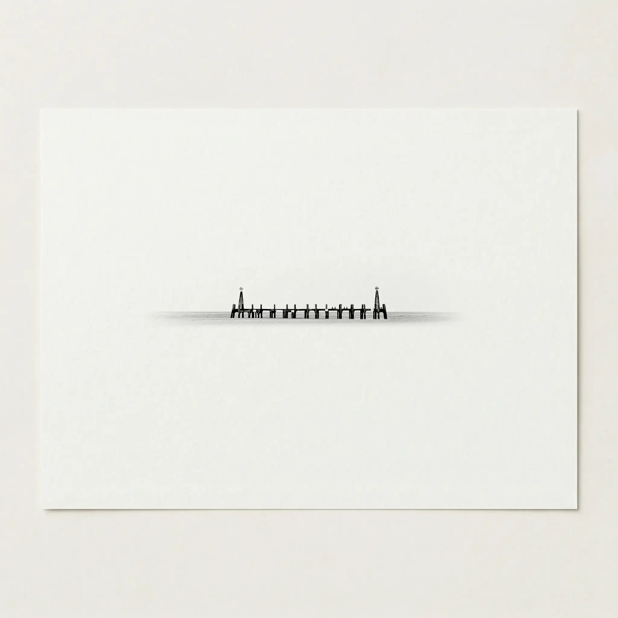Portrait-oriented Giclée print of 'Distance & Isolation' on 200gsm museum-grade matte paper, showcasing the architectural silhouette of the pier.