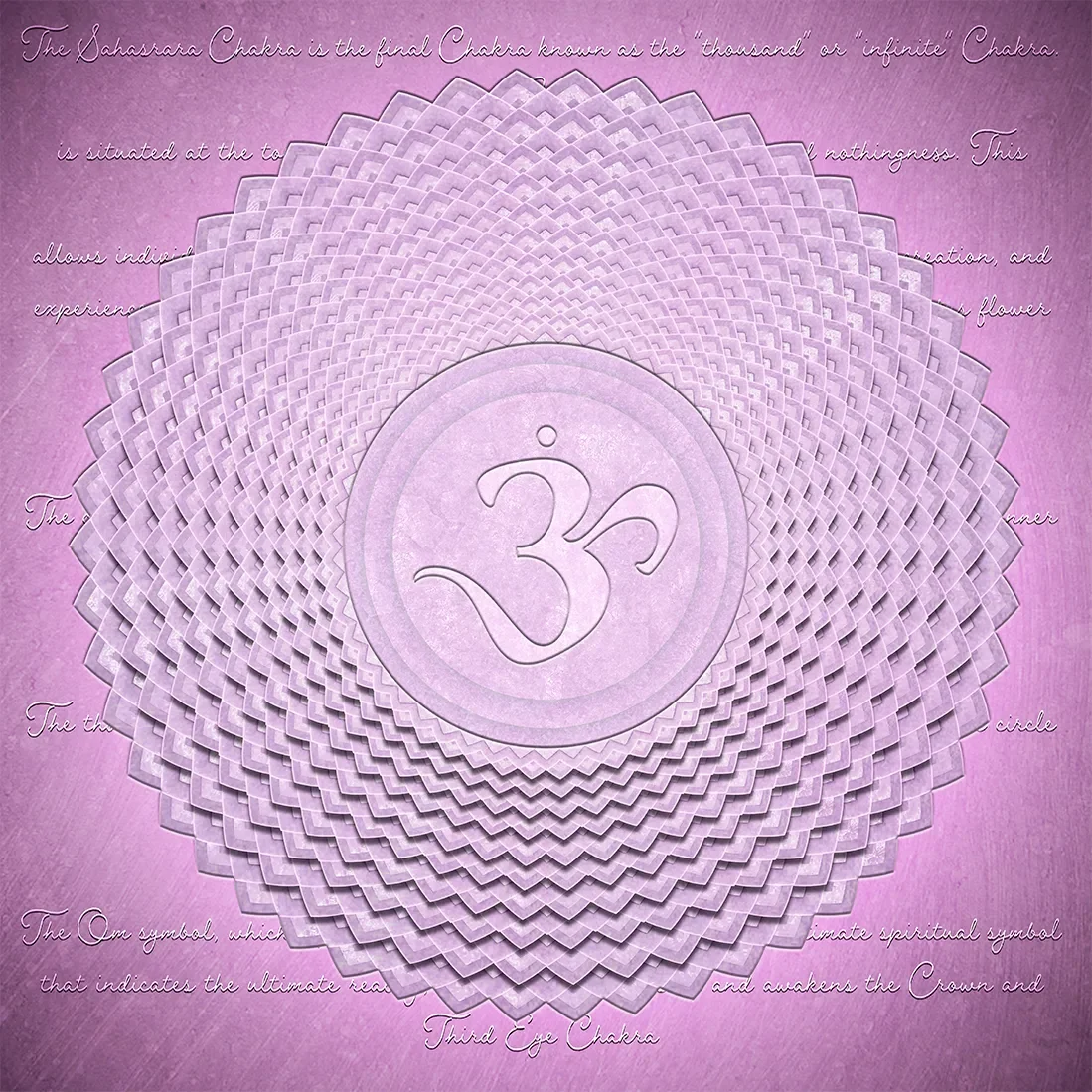 A vibrant violet and lavender fine art poster of the Crown Chakra (Sahasrara), featuring a thousand-petalled lotus design with the sacred 'Om' symbol at its centre.