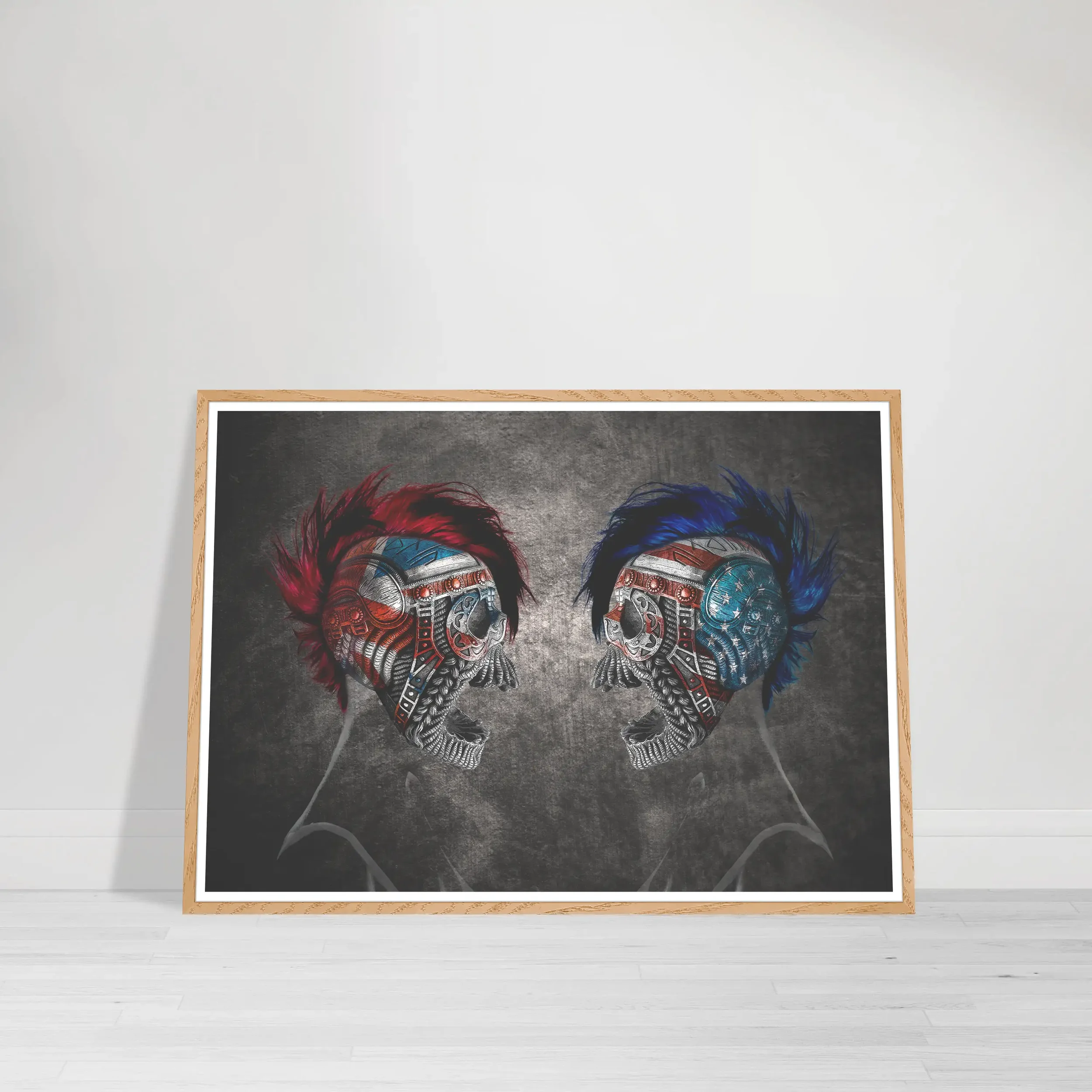 Digital art print titled 'Imperium Chaos' featuring an arrangement of skulls symbolising the dominance of power amidst complete disorder wood frame