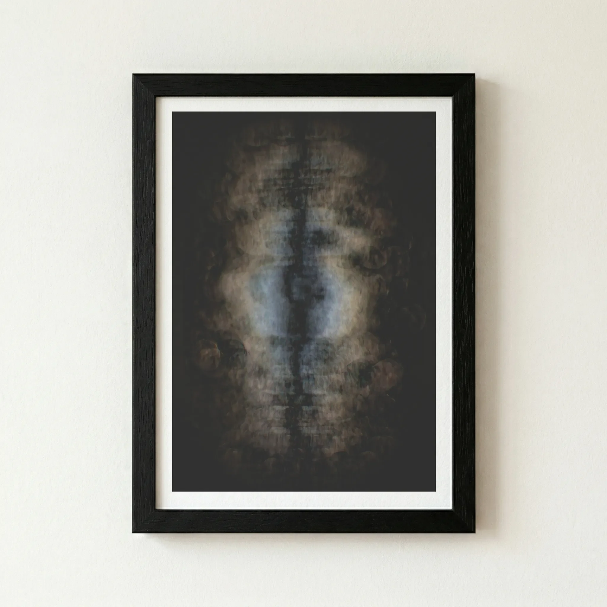 The 'Imaginal Cells' print in a black wooden frame, which intensifies the dark central axis and creates a sophisticated gallery look.