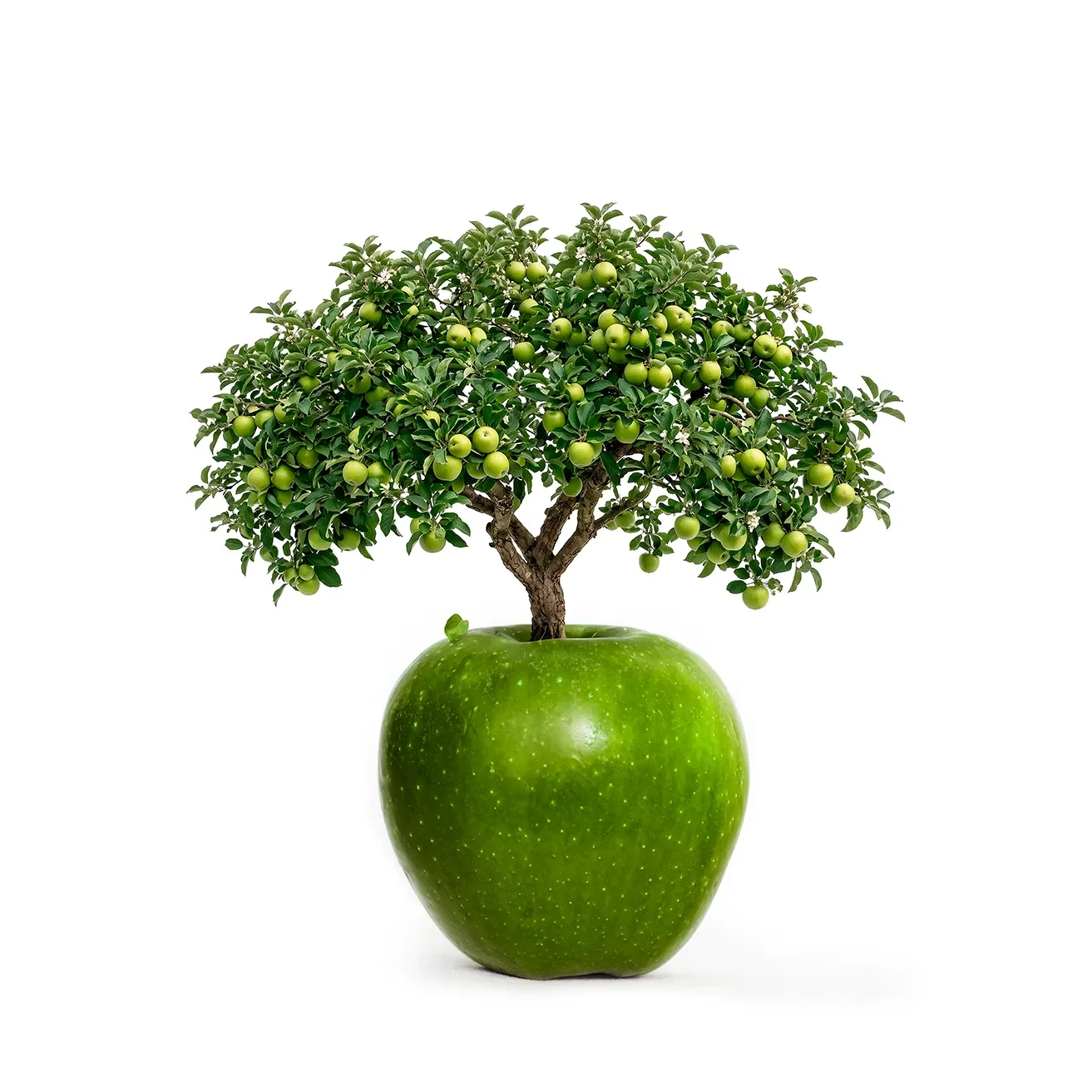 A minimalist and surreal conceptual art piece featuring a small, lush green apple tree growing out of the top of a large, vibrant green Granny Smith apple.