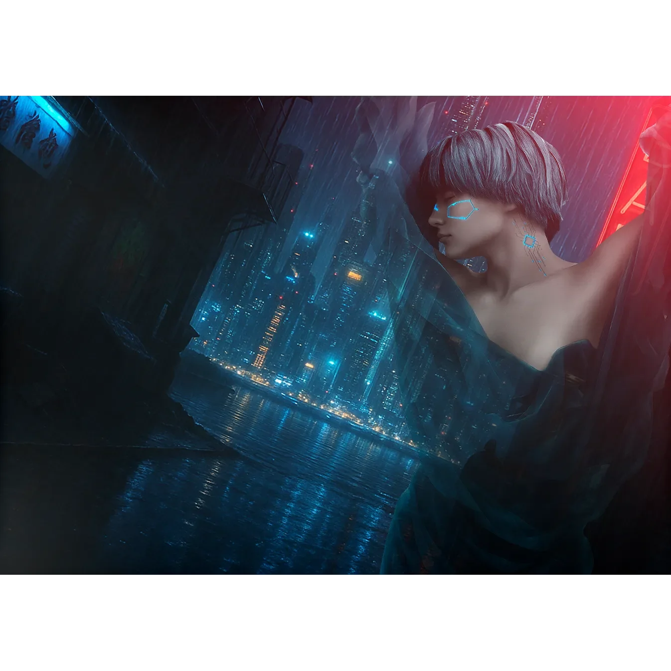 Moody cyberpunk fine art print of a partially cloaked female android with glowing circuitry in a neon-lit, rainy city.