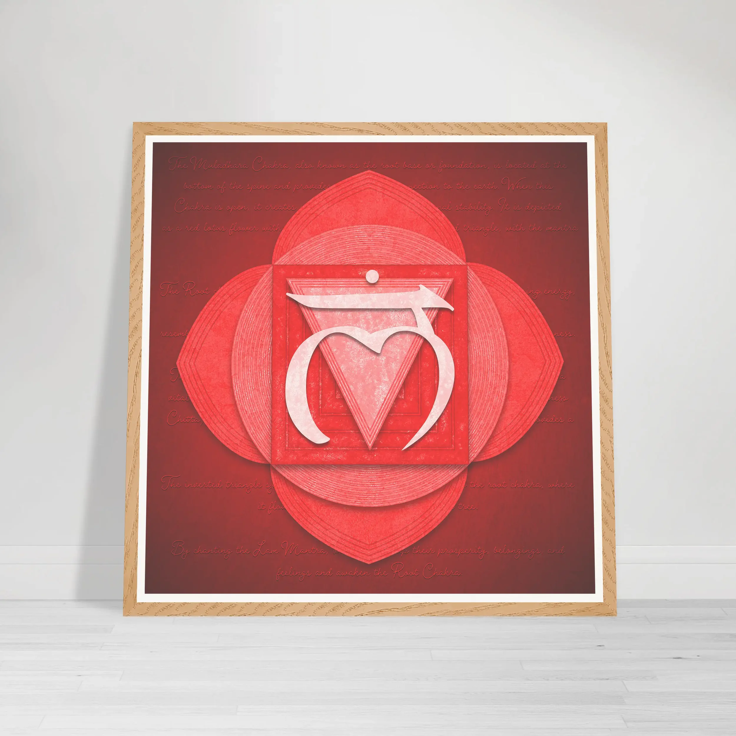 Root Chakra wood frame fine art print – earthy red symbolic artwork representing Muladhara energy, grounding, emotional safety, and inner stability