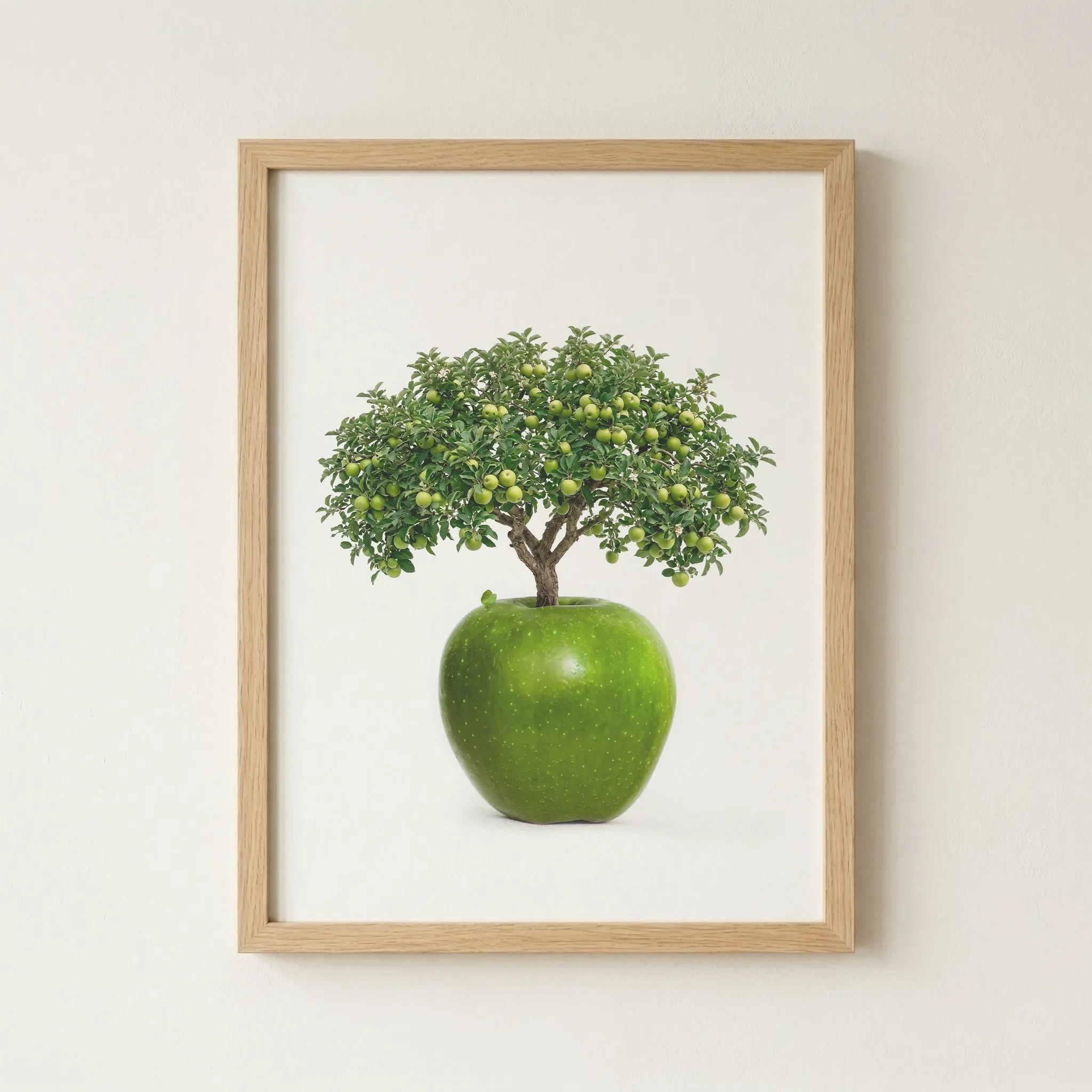 'The Apple Tree' print in a natural wood frame, adding an organic, earthy border to this playful and imaginative botanical study.