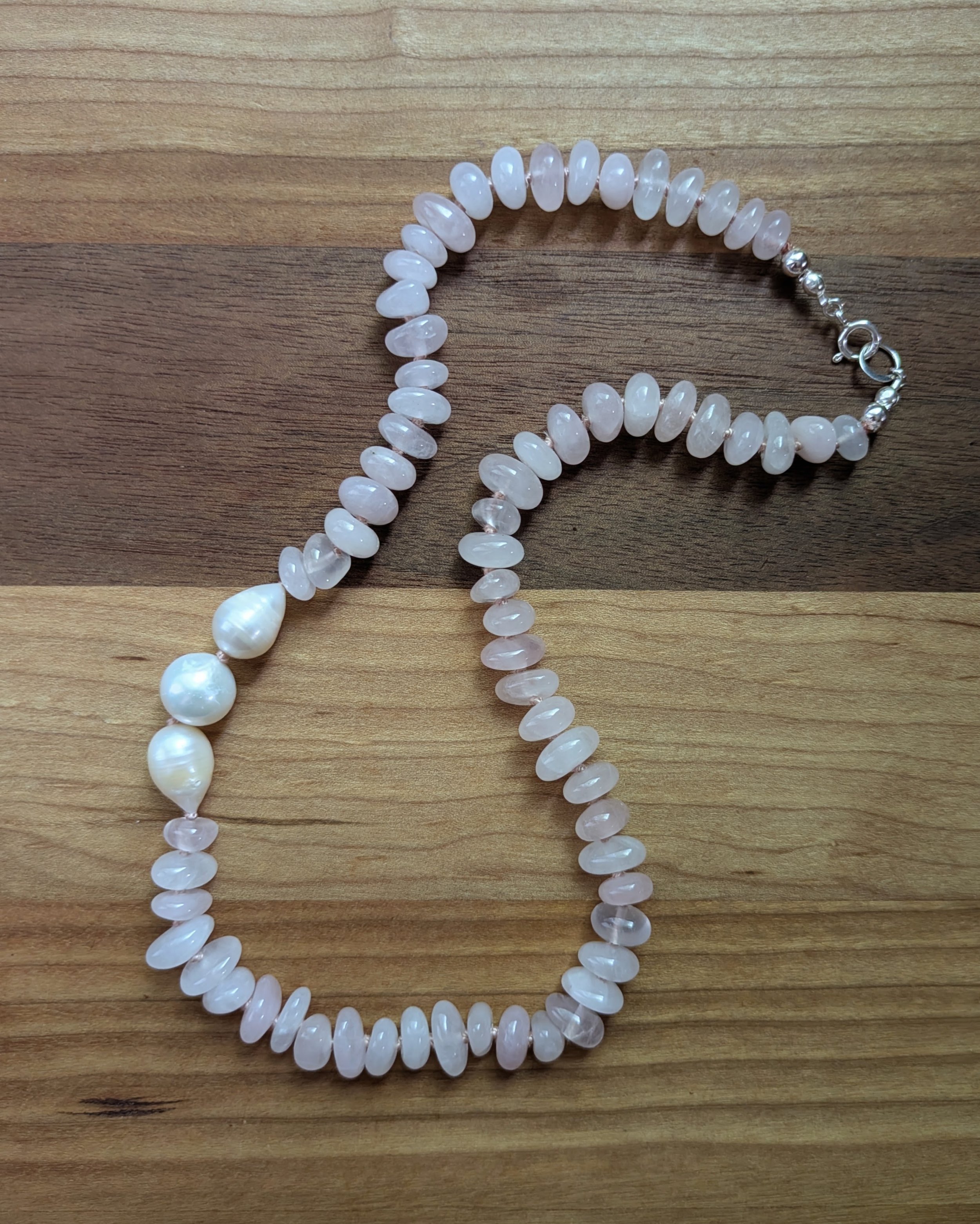 Asymmetric rose quartz & freshwater pearl necklace by Blue Jay Jewelry Co.