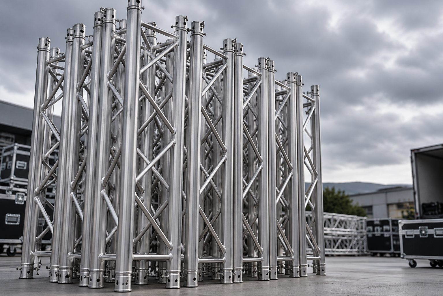 Stacked metal trusses outdoors on a cloudy day with some equipment cases and a building in the background.