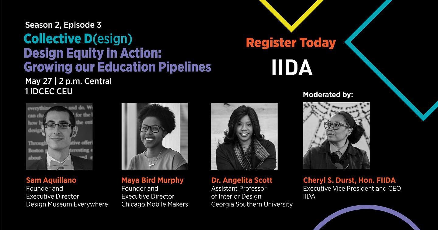 Happy Tuesday! I&rsquo;ve been granted the opportunity to discuss how we can improve and grow our education system. As well as nurturing design students. Make sure you register at https://iida.org/events/collective-design-season-2-episode-3-design-eq