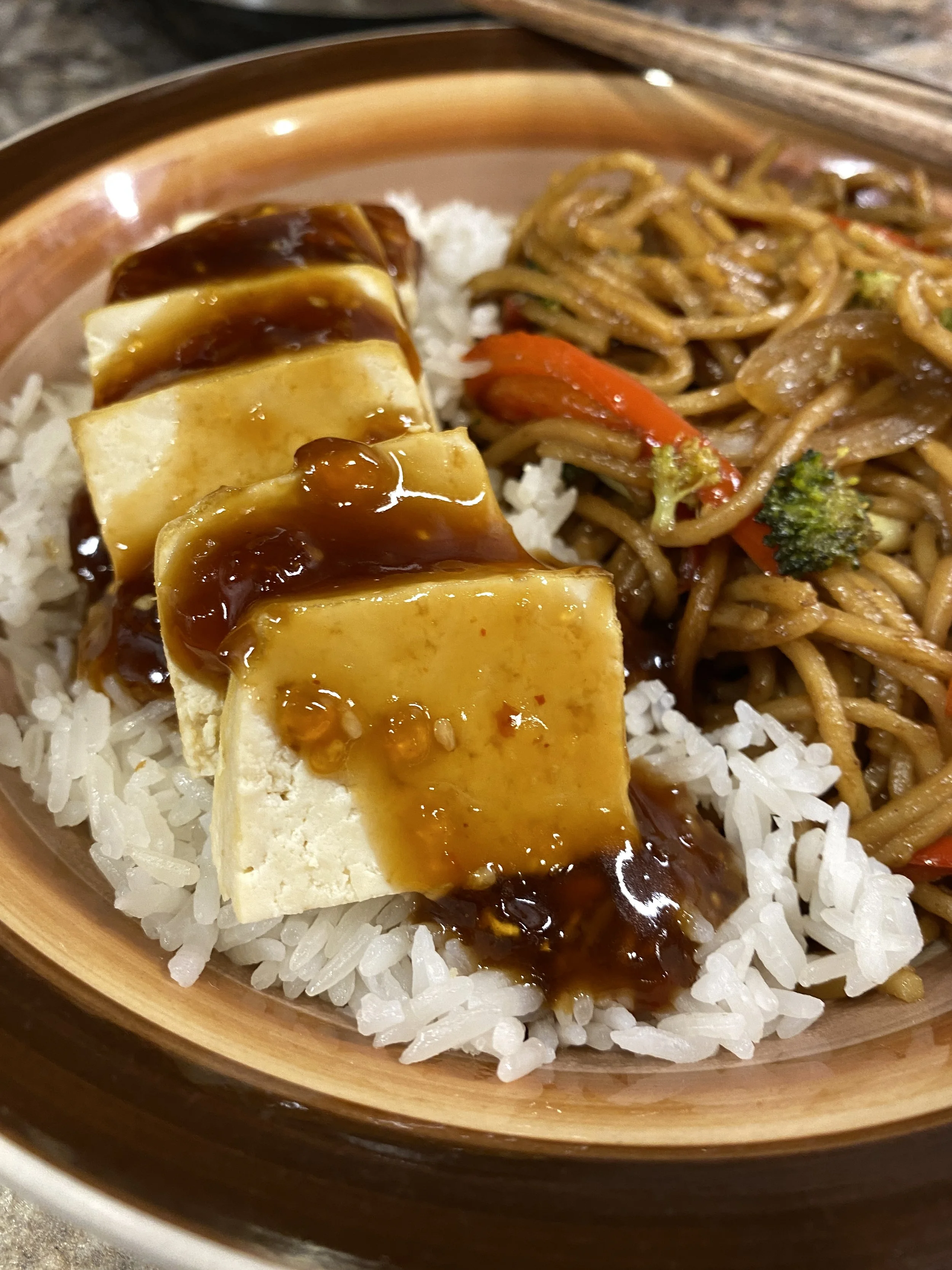 Lo mein with sweet and sour chicken
